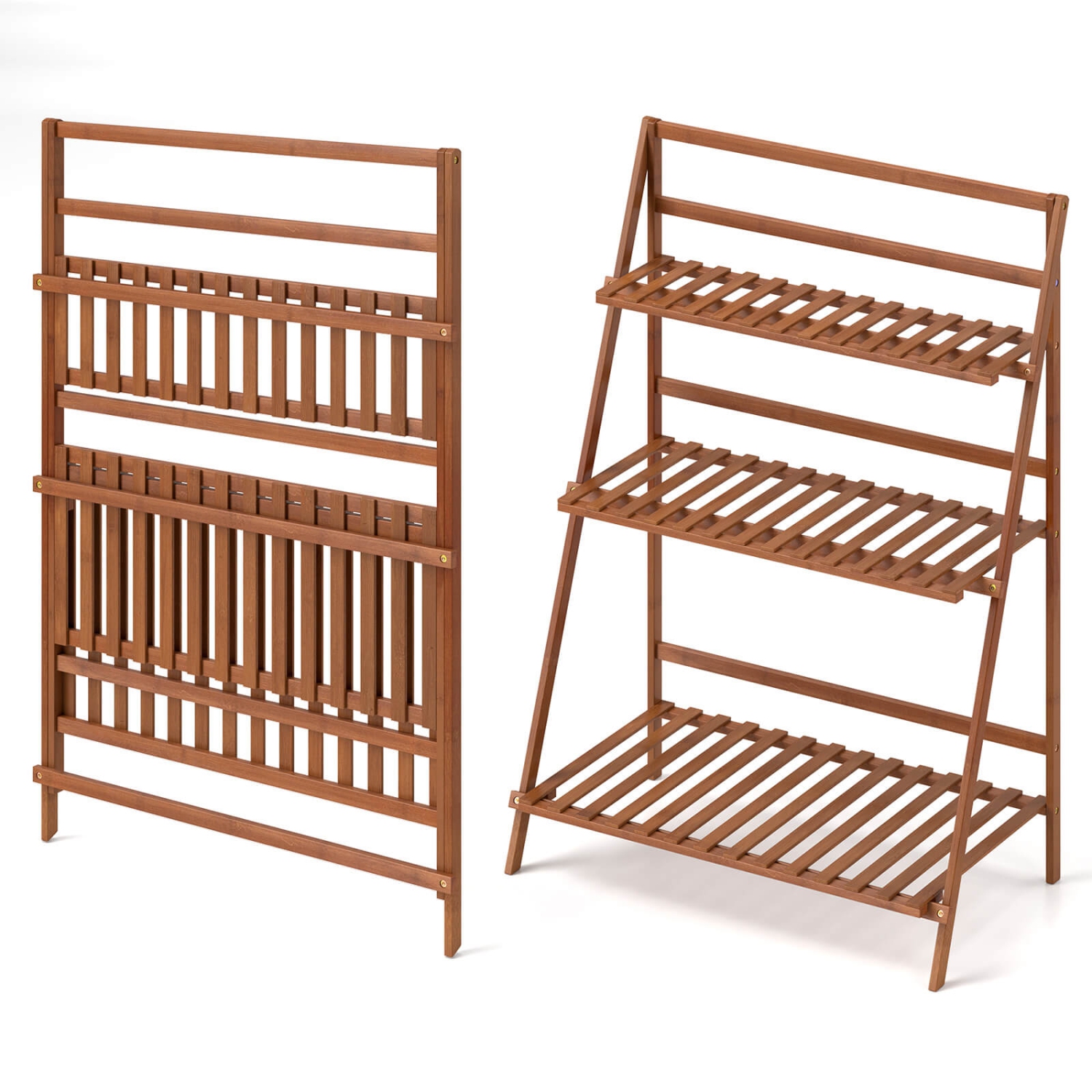 Costway 3 Tier Folding Shelf Stand Bamboo Flower Pot Display Rack Bookcase Organizer