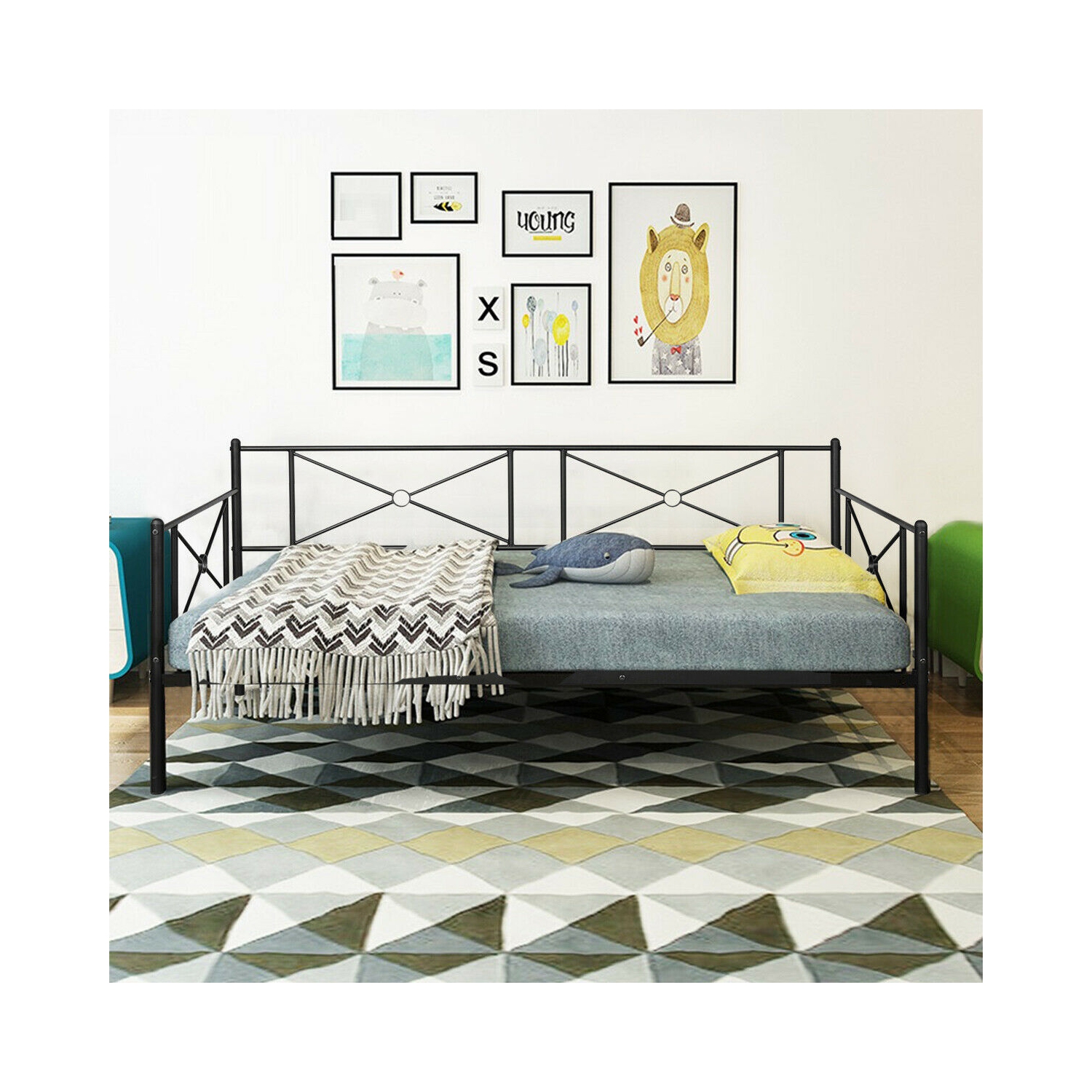 Gymax Twin Size Metal Daybed Frame Multifunctional Platform Bed Stable Steel Slats