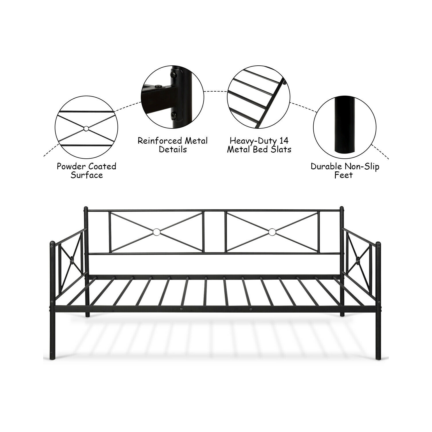 Gymax Twin Size Metal Daybed Frame Multifunctional Platform Bed Stable Steel Slats