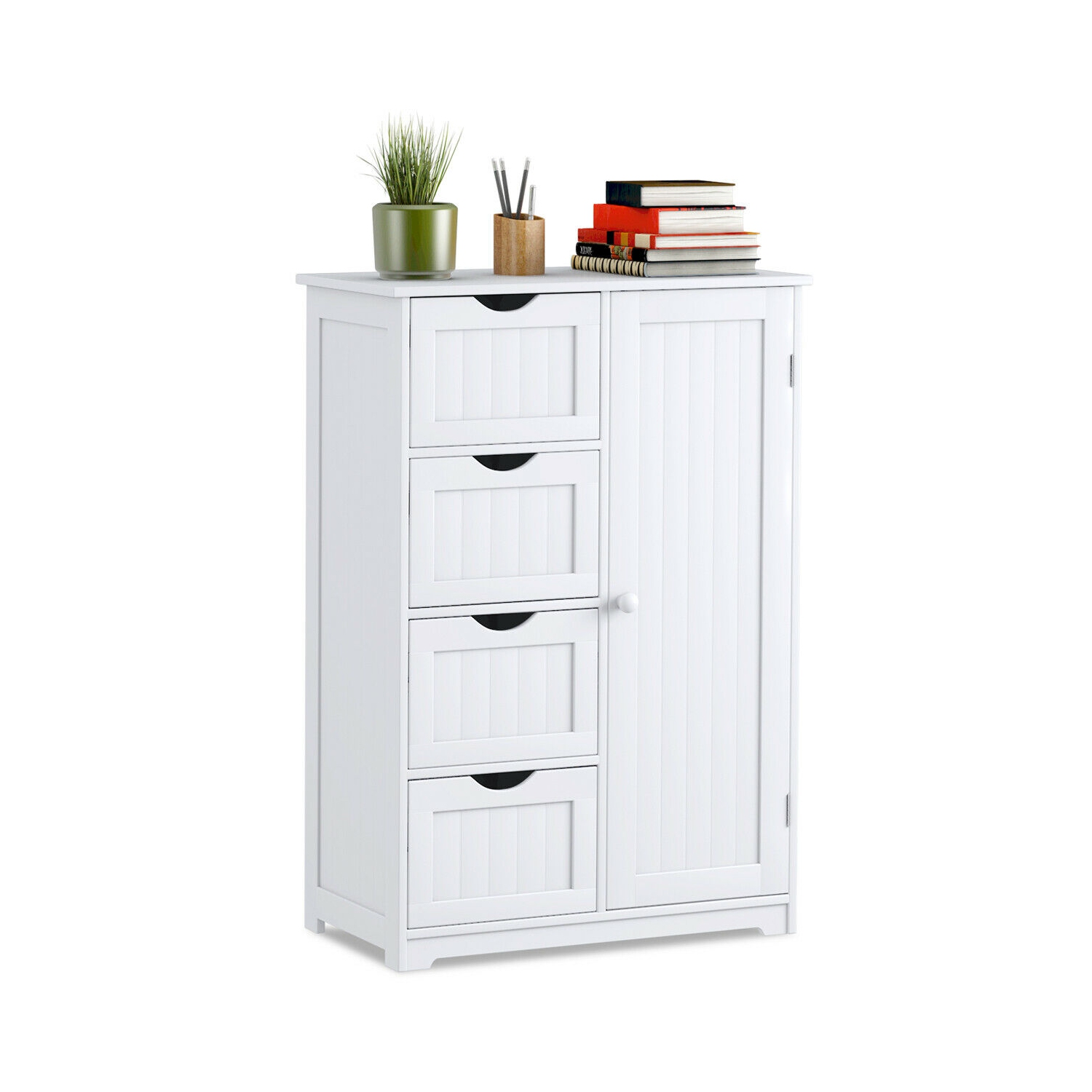 Costway Wooden 4 Drawer Bathroom Cabinet Storage Cupboard 2 Shelves Free Standing White