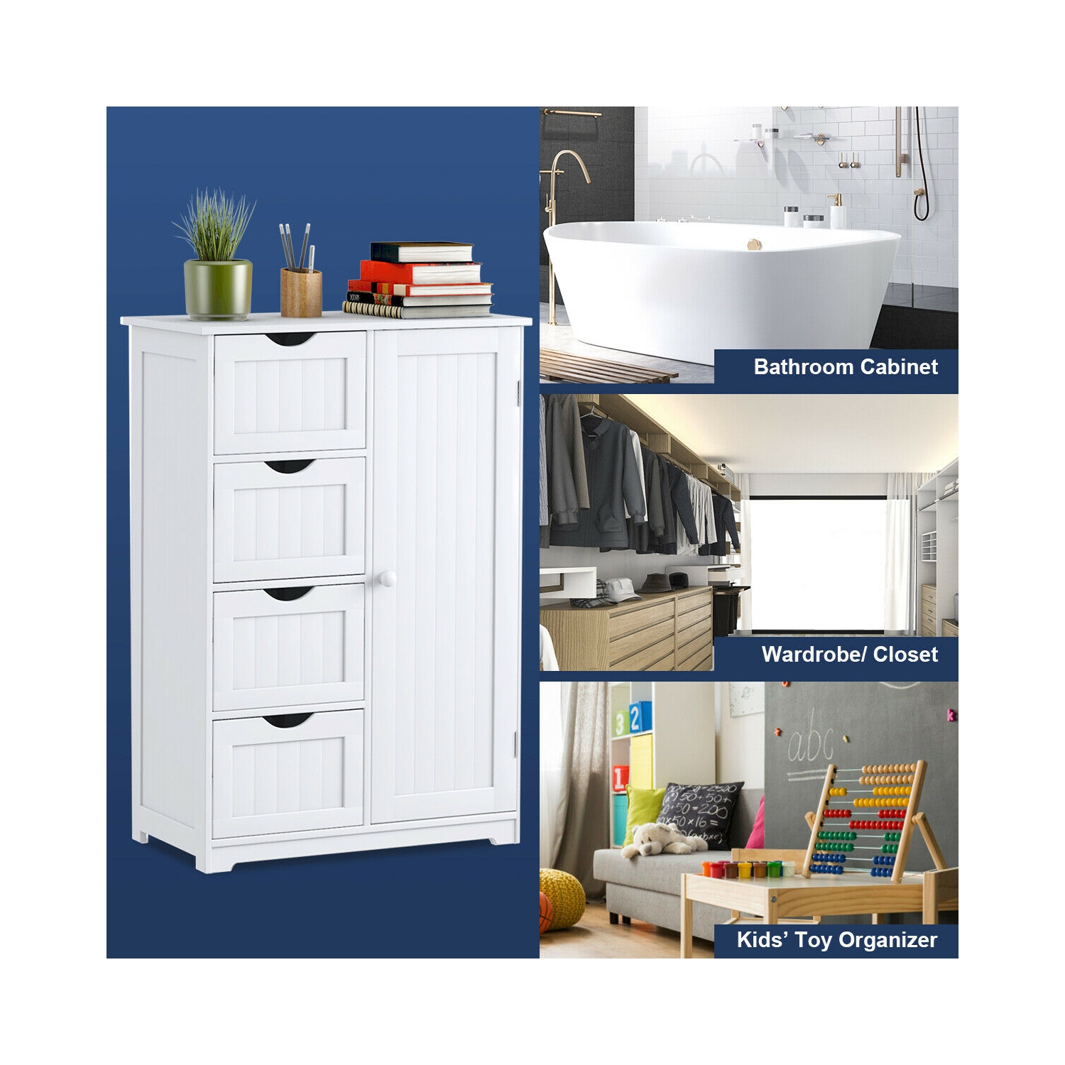 Costway Wooden 4 Drawer Bathroom Cabinet Storage Cupboard 2 Shelves Free Standing White