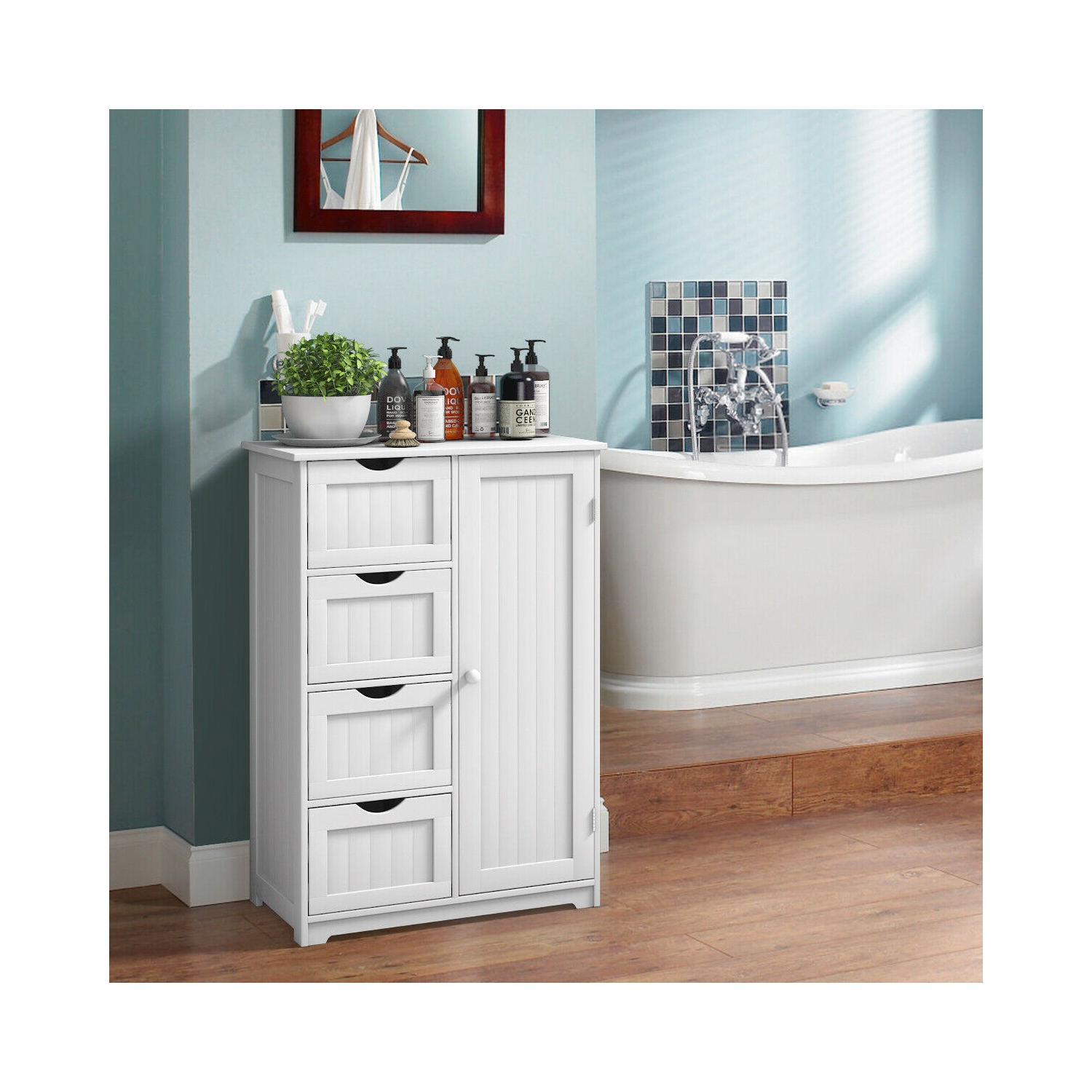 Costway Wooden 4 Drawer Bathroom Cabinet Storage Cupboard 2 Shelves Free Standing White
