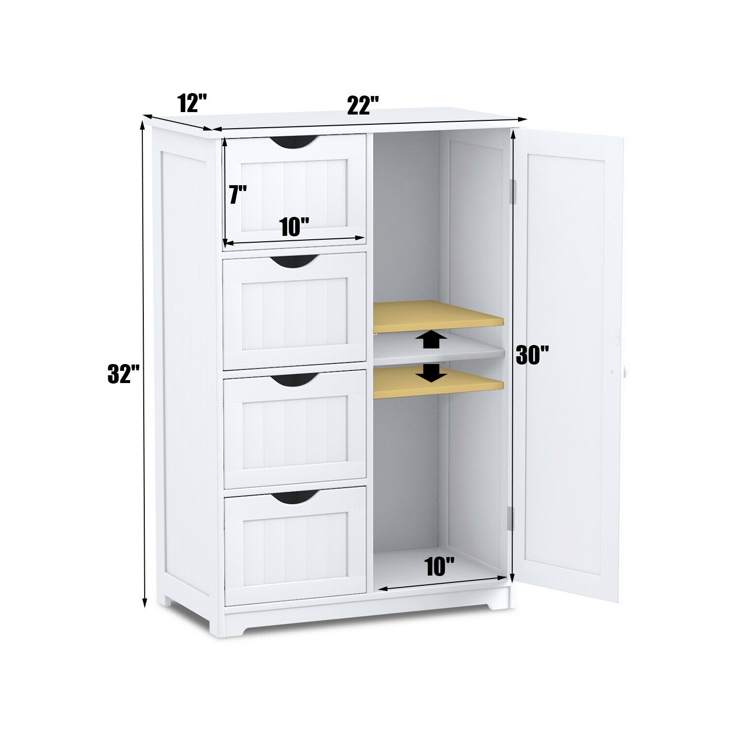 Costway Wooden 4 Drawer Bathroom Cabinet Storage Cupboard 2 Shelves Free Standing White