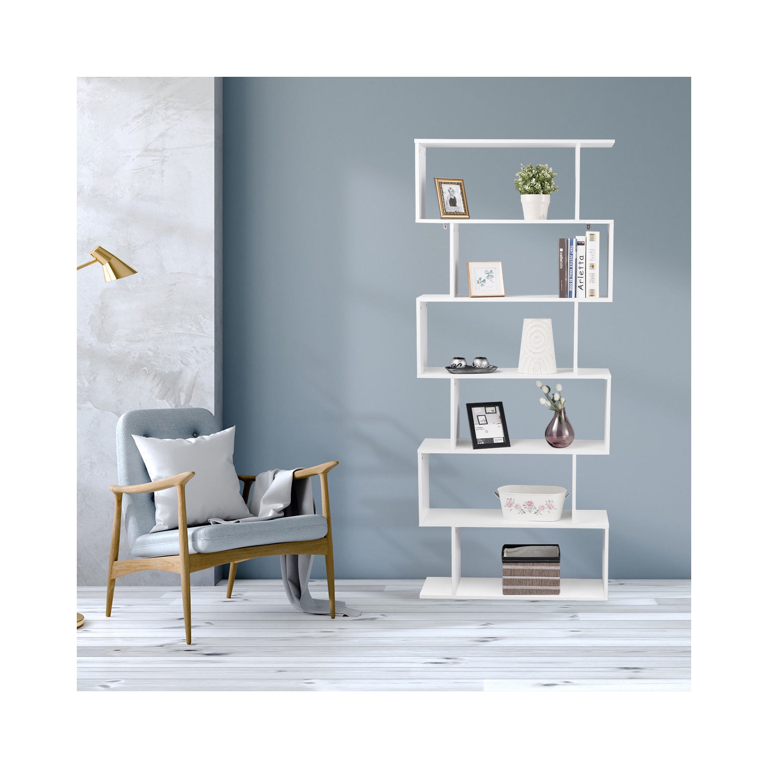 Gymax Bibliothèque à 6 Niveaux, Étagère de Rangement en Bois en Forme S pour Bureau