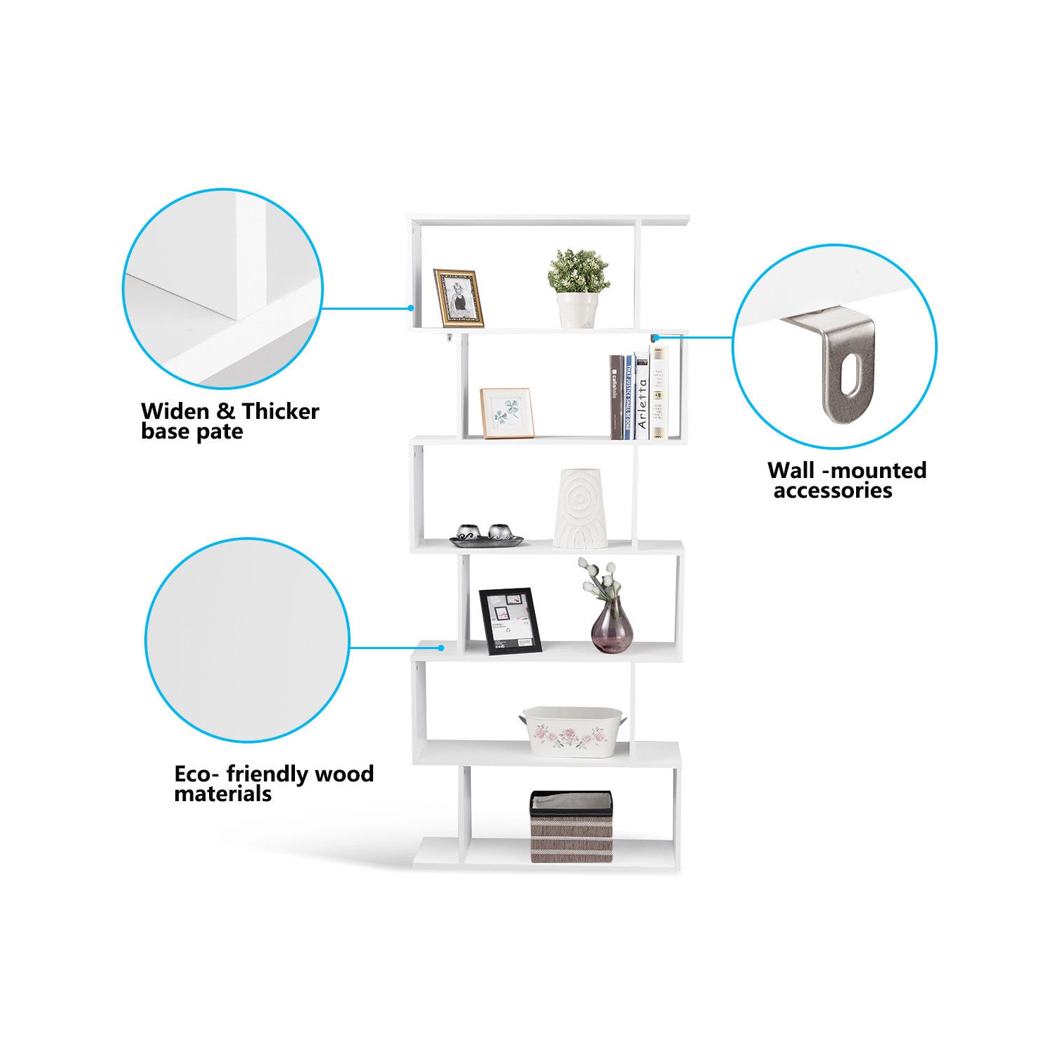 Gymax Bibliothèque à 6 Niveaux, Étagère de Rangement en Bois en Forme S pour Bureau