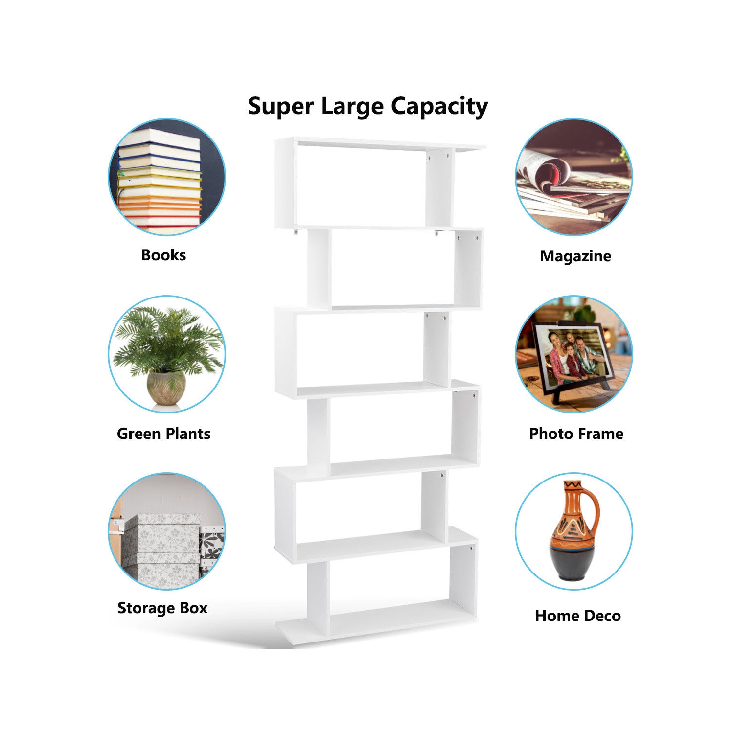 Gymax Bibliothèque à 6 Niveaux, Étagère de Rangement en Bois en Forme S pour Bureau