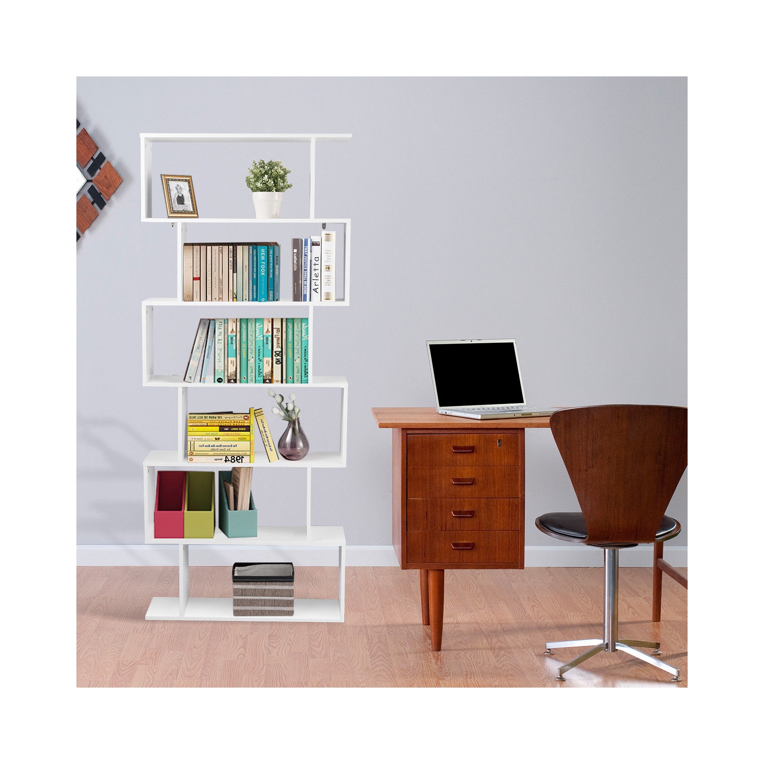 Gymax Bibliothèque à 6 Niveaux, Étagère de Rangement en Bois en Forme S pour Bureau