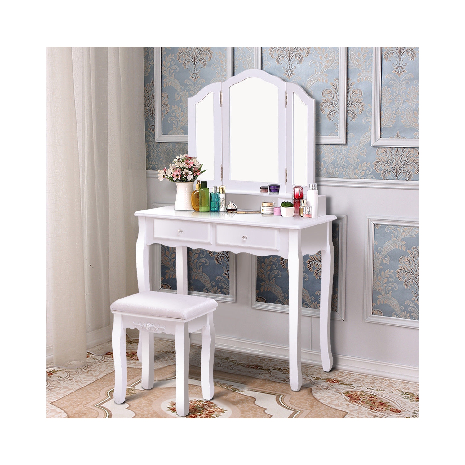 Gymax Bathroom Tri Folding Mirror Vanity Makeup Table Stool Set White