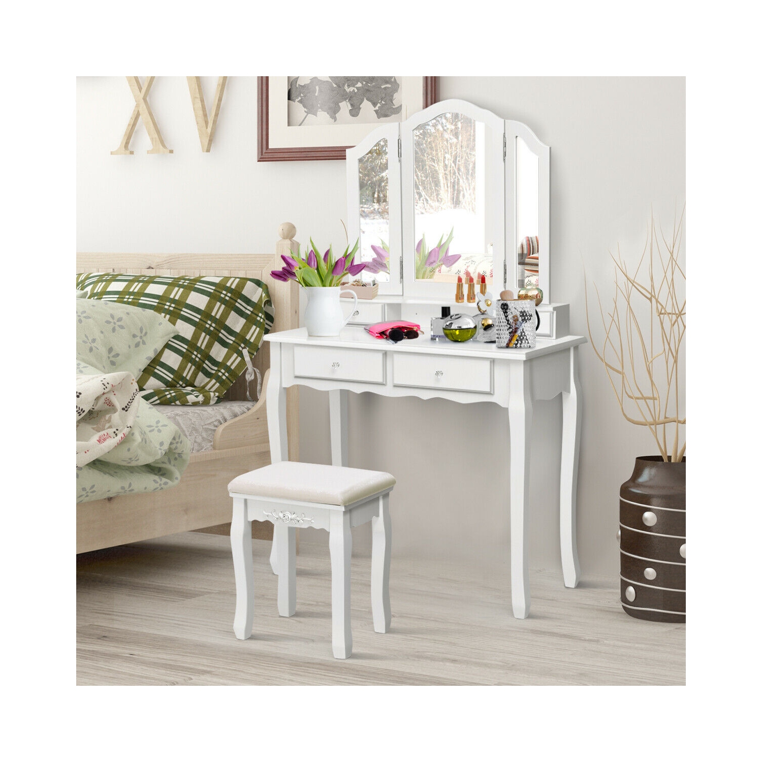 Gymax Bathroom Tri Folding Mirror Vanity Makeup Table Stool Set White
