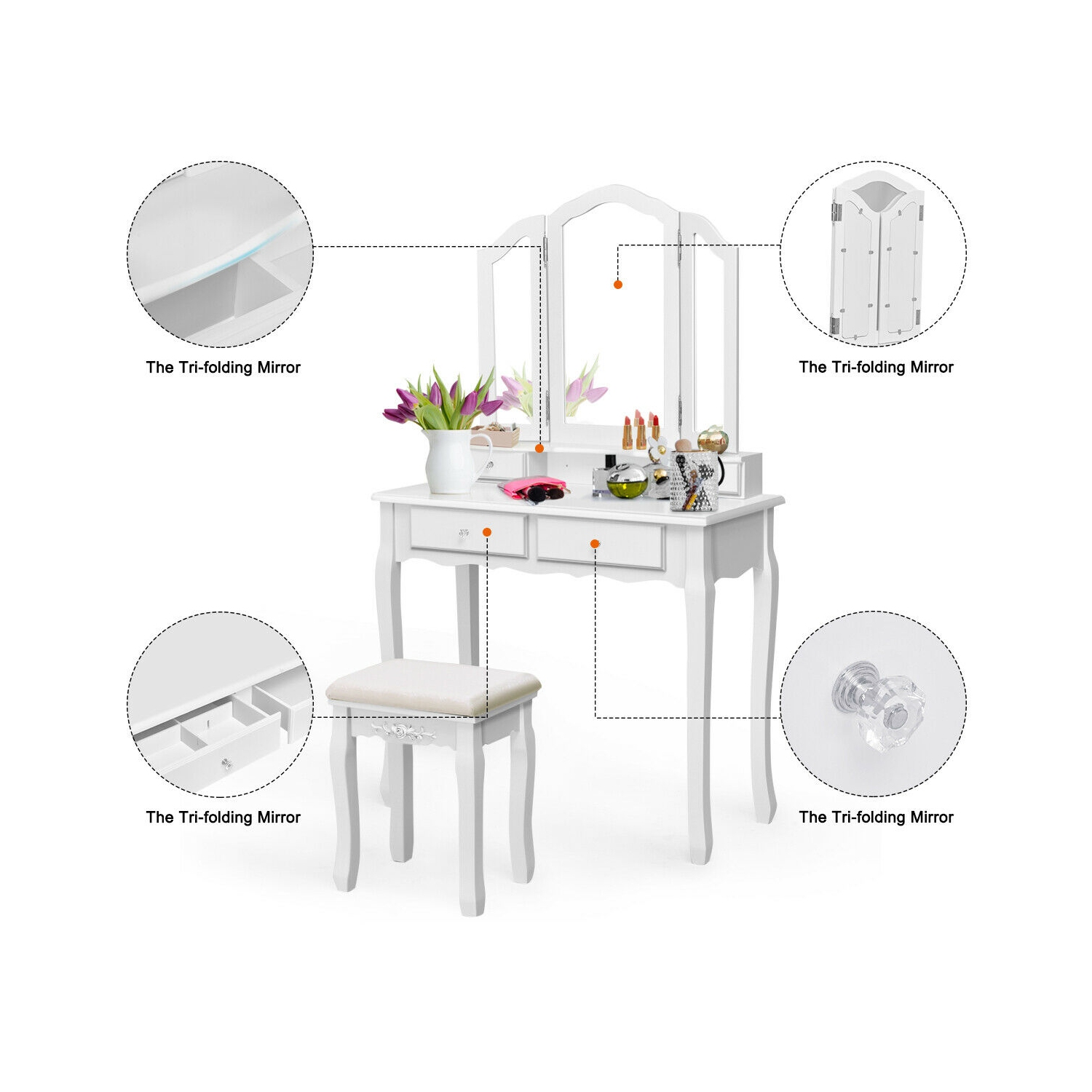 Gymax Bathroom Tri Folding Mirror Vanity Makeup Table Stool Set White
