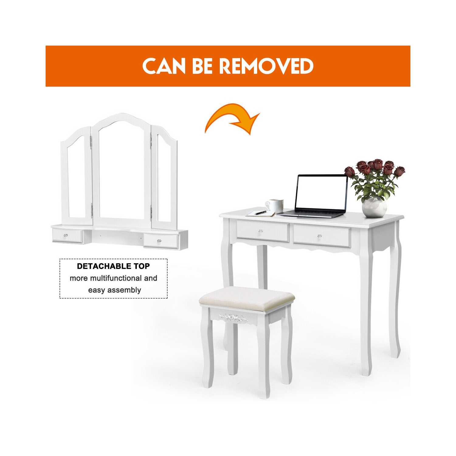 Gymax Bathroom Tri Folding Mirror Vanity Makeup Table Stool Set White