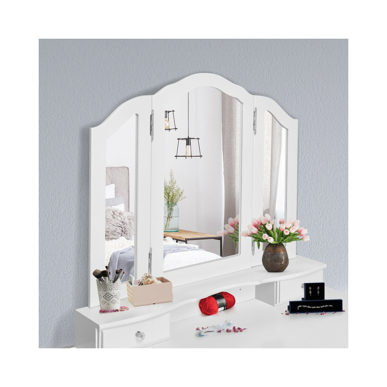 Gymax Bathroom Tri Folding Mirror Vanity Makeup Table Stool Set White