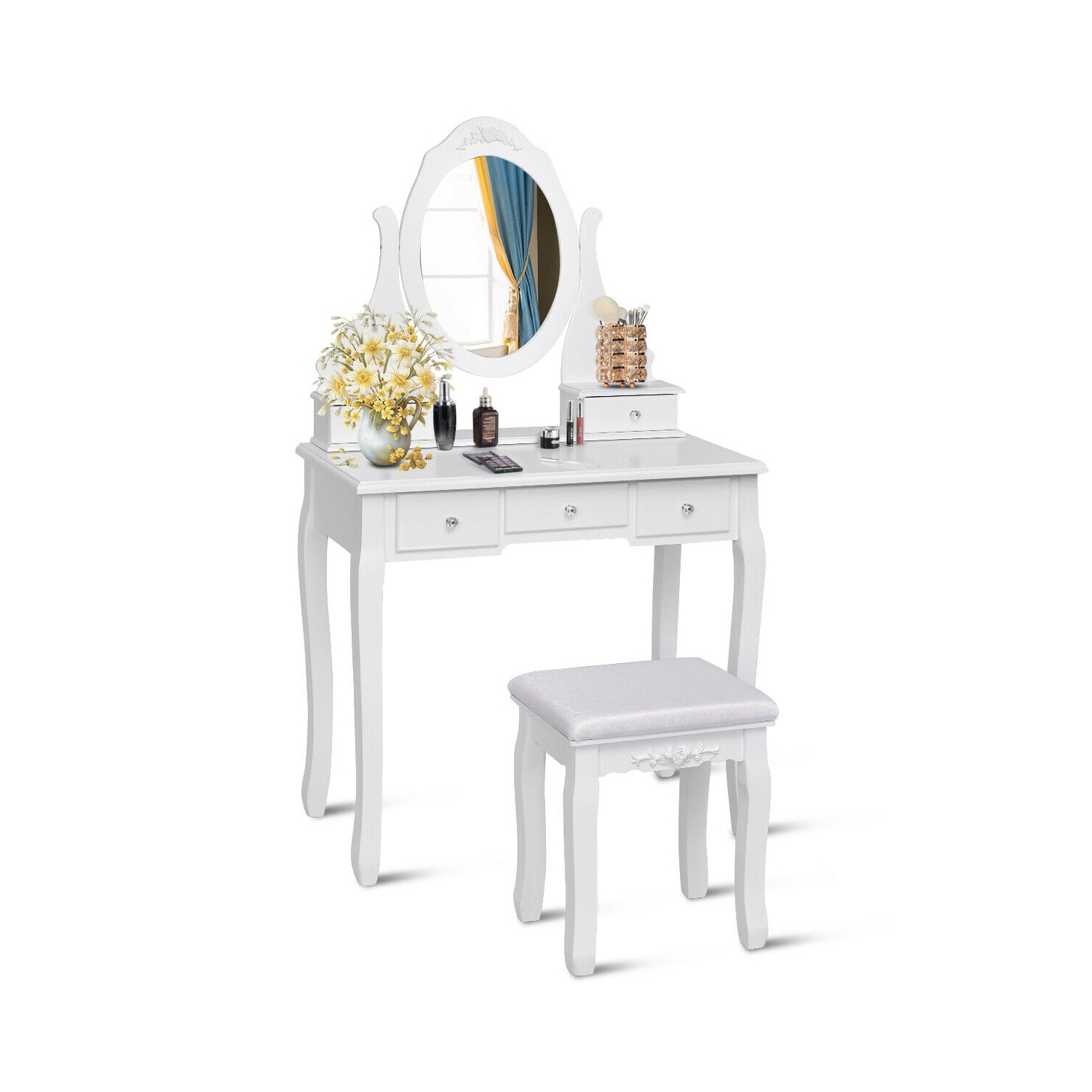 Gymax Bathroom Wooden Mirrored Makeup Vanity Set Stool Table Set White 5 Drawers