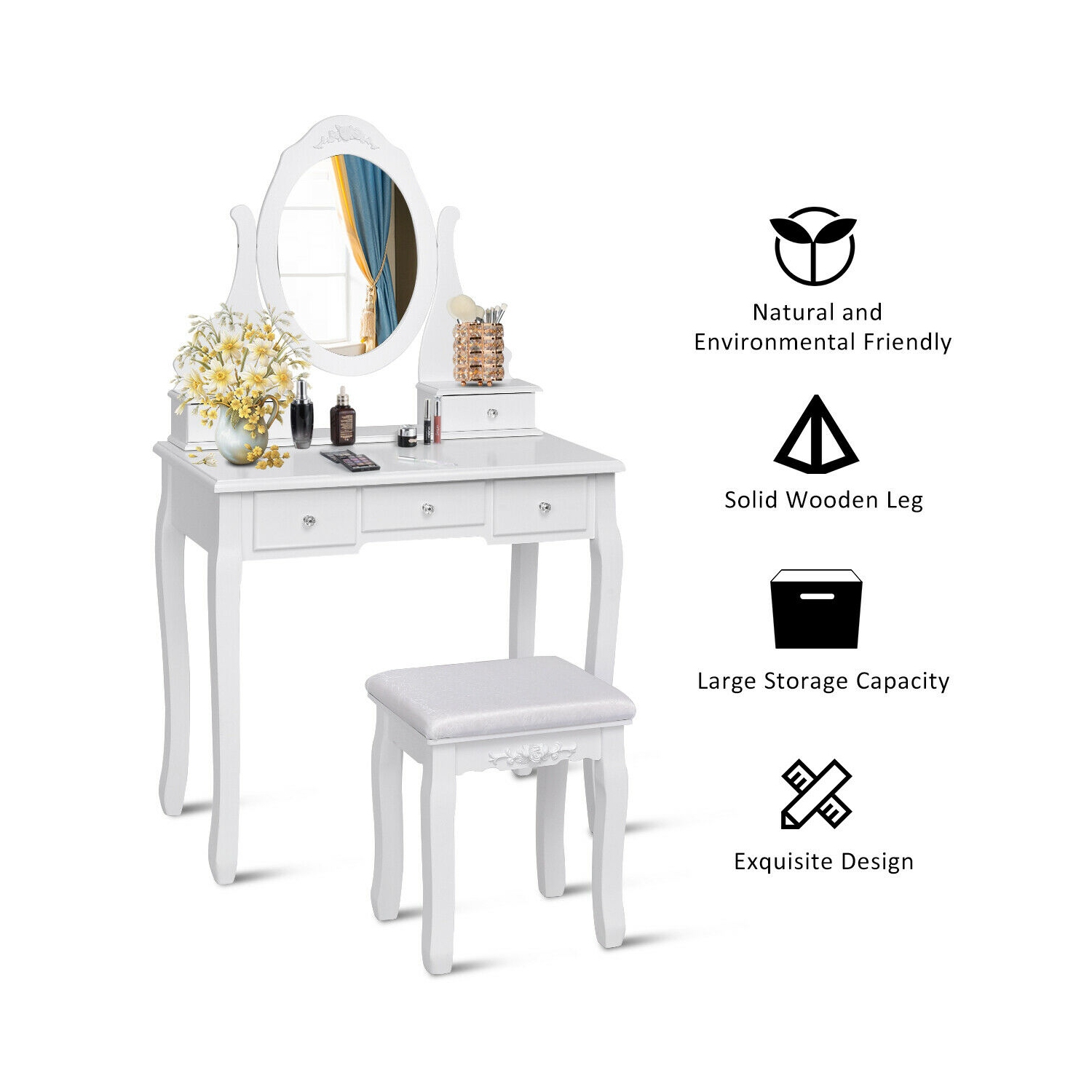Gymax Bathroom Wooden Mirrored Makeup Vanity Set Stool Table Set White 5 Drawers