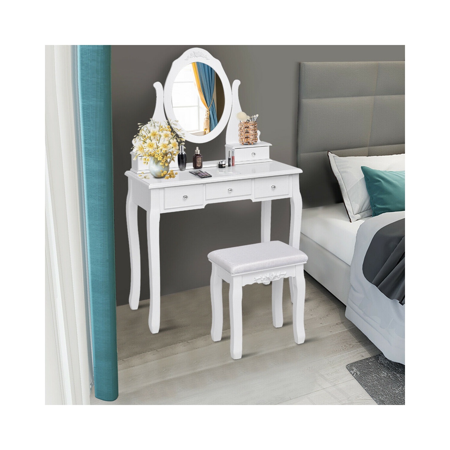 Gymax Bathroom Wooden Mirrored Makeup Vanity Set Stool Table Set White 5 Drawers