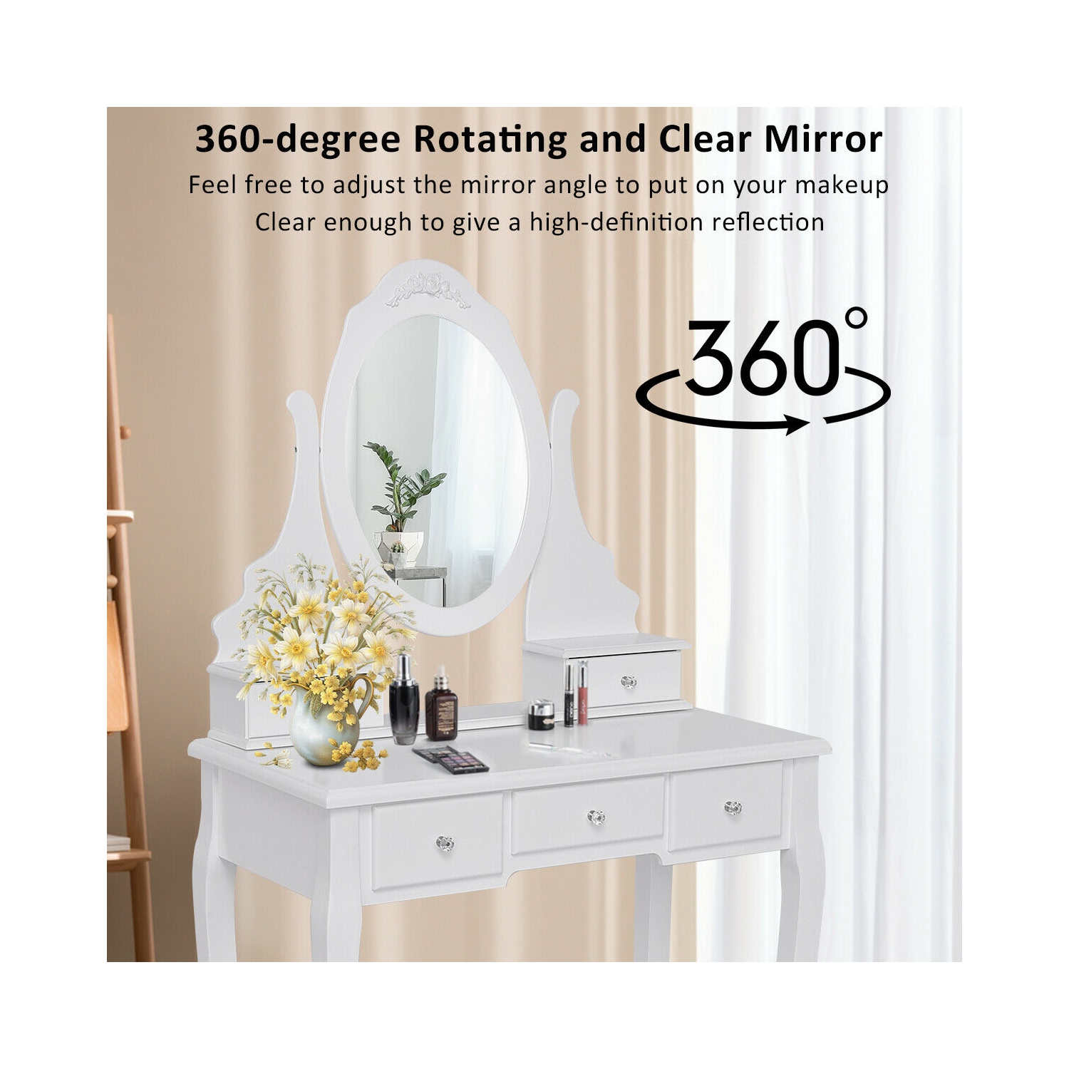 Gymax Bathroom Wooden Mirrored Makeup Vanity Set Stool Table Set White 5 Drawers