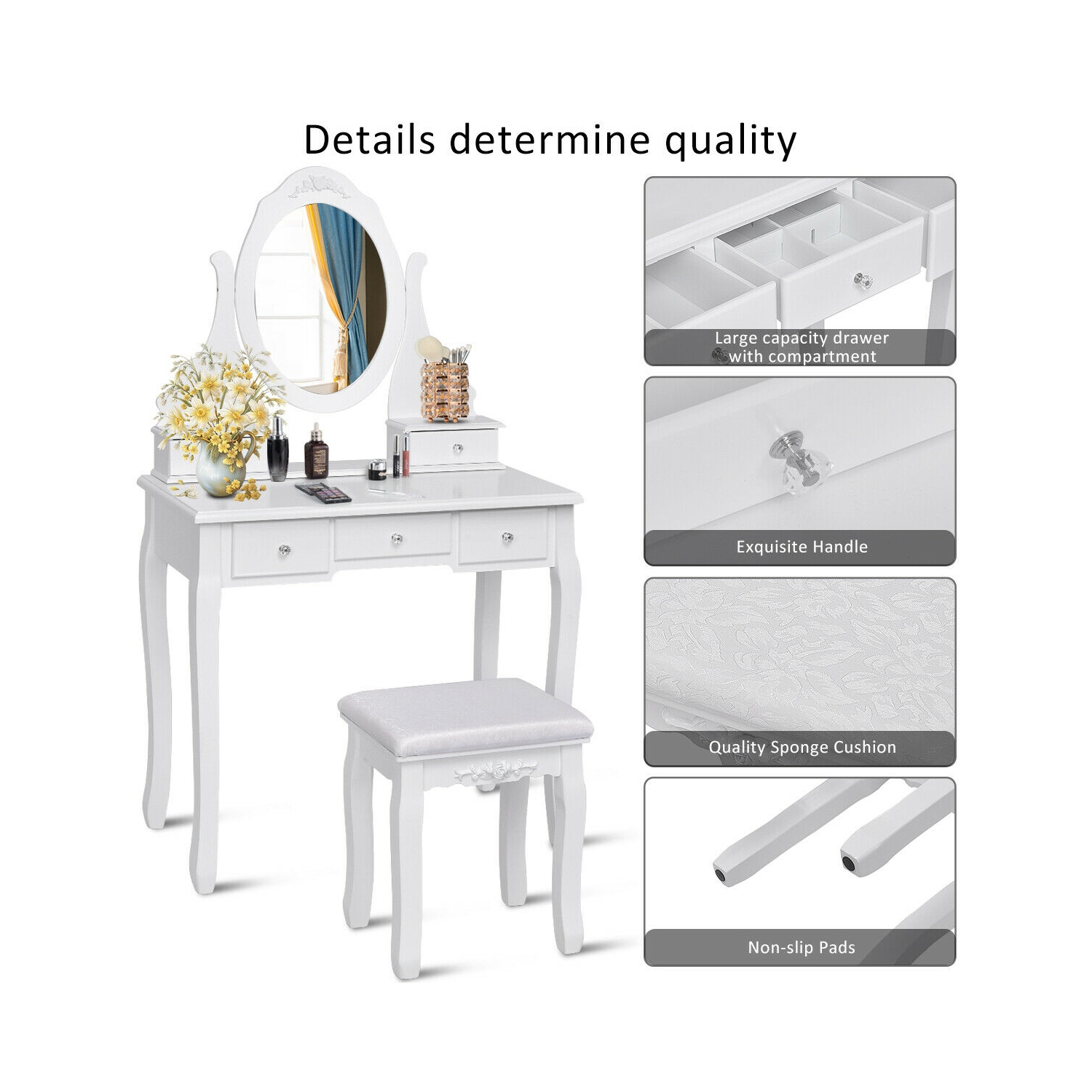 Gymax Bathroom Wooden Mirrored Makeup Vanity Set Stool Table Set White 5 Drawers