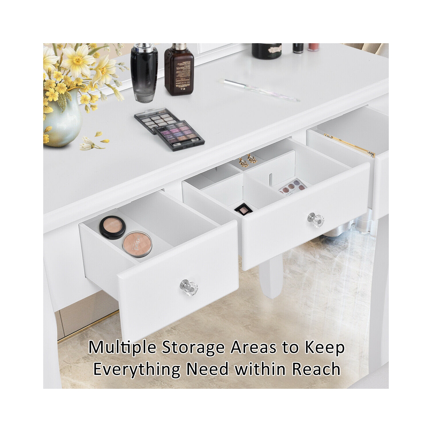 Gymax Bathroom Wooden Mirrored Makeup Vanity Set Stool Table Set White 5 Drawers