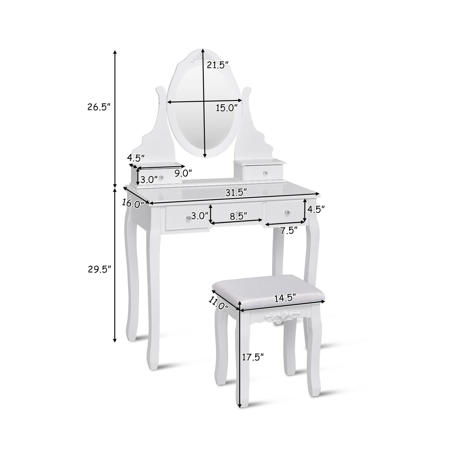 Gymax Bathroom Wooden Mirrored Makeup Vanity Set Stool Table Set White 5 Drawers