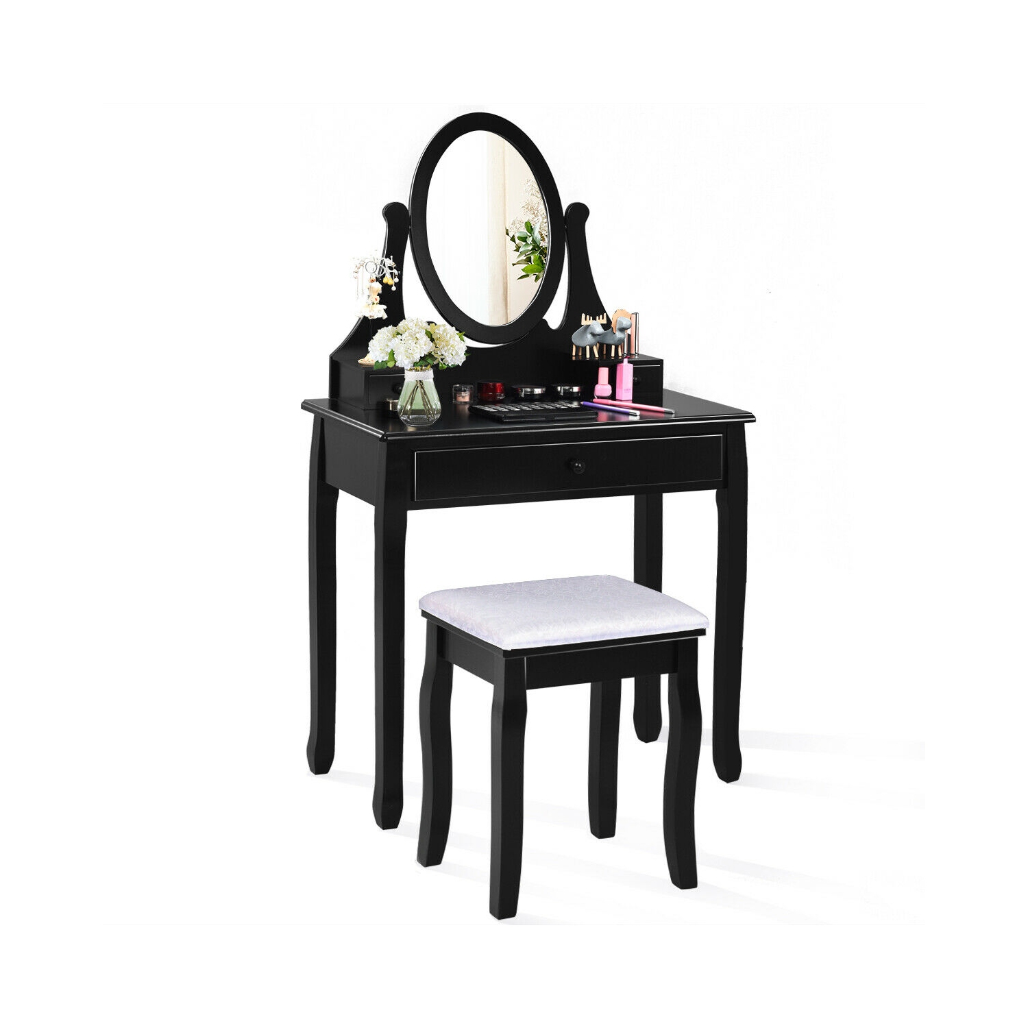 Gymax Bathroom Wooden Mirrored Makeup Vanity Set Stool Table Set Black