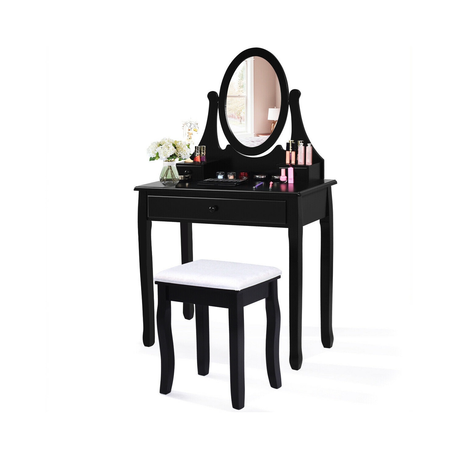 Gymax Bathroom Wooden Mirrored Makeup Vanity Set Stool Table Set Black