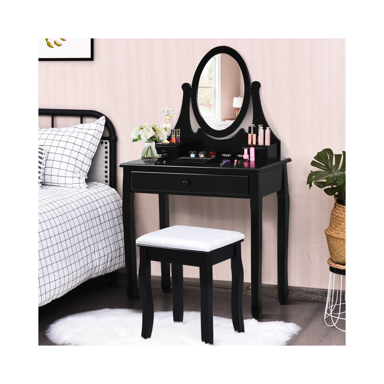 Gymax Bathroom Wooden Mirrored Makeup Vanity Set Stool Table Set Black