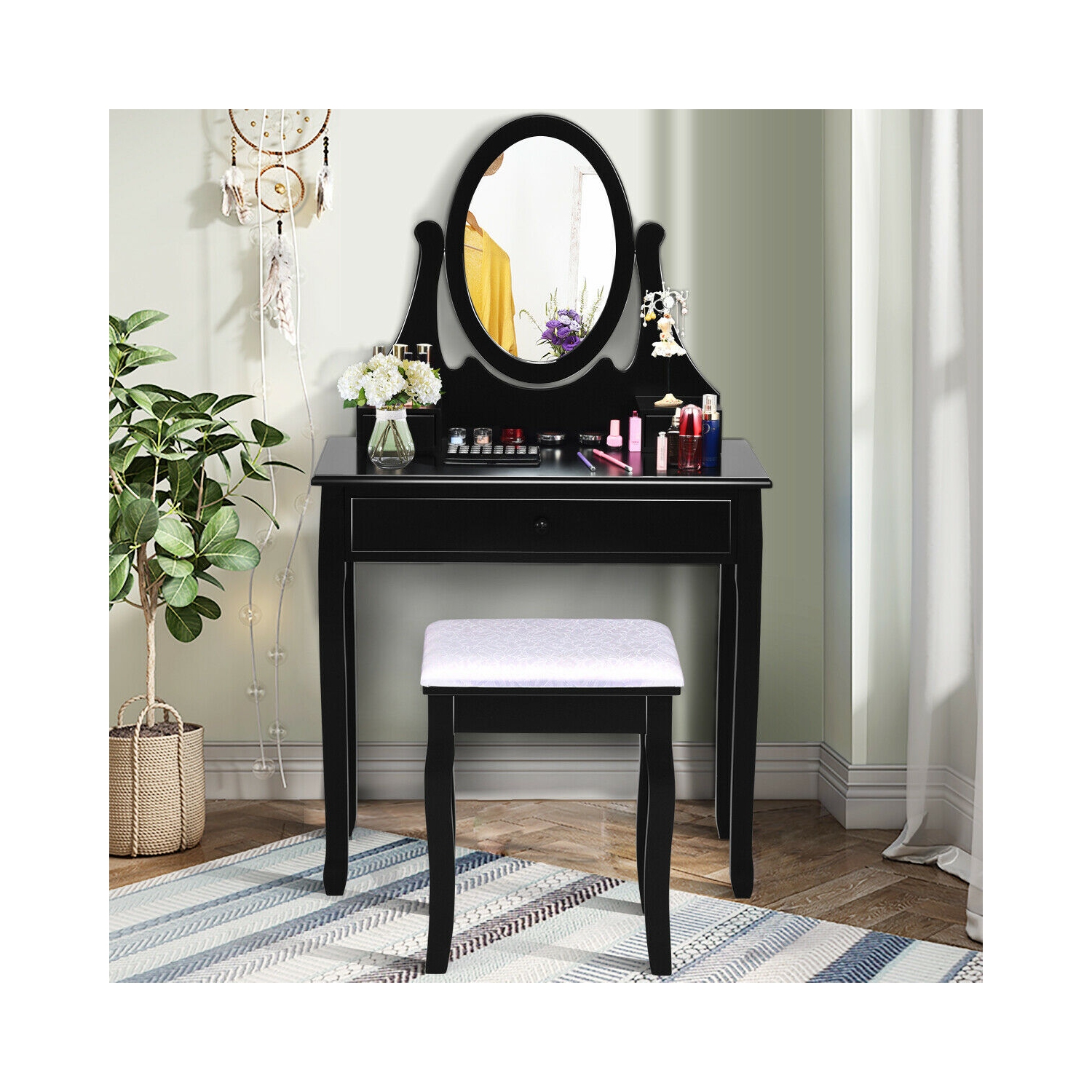 Gymax Bathroom Wooden Mirrored Makeup Vanity Set Stool Table Set Black