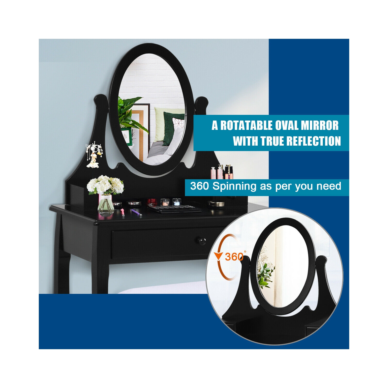 Gymax Bathroom Wooden Mirrored Makeup Vanity Set Stool Table Set Black