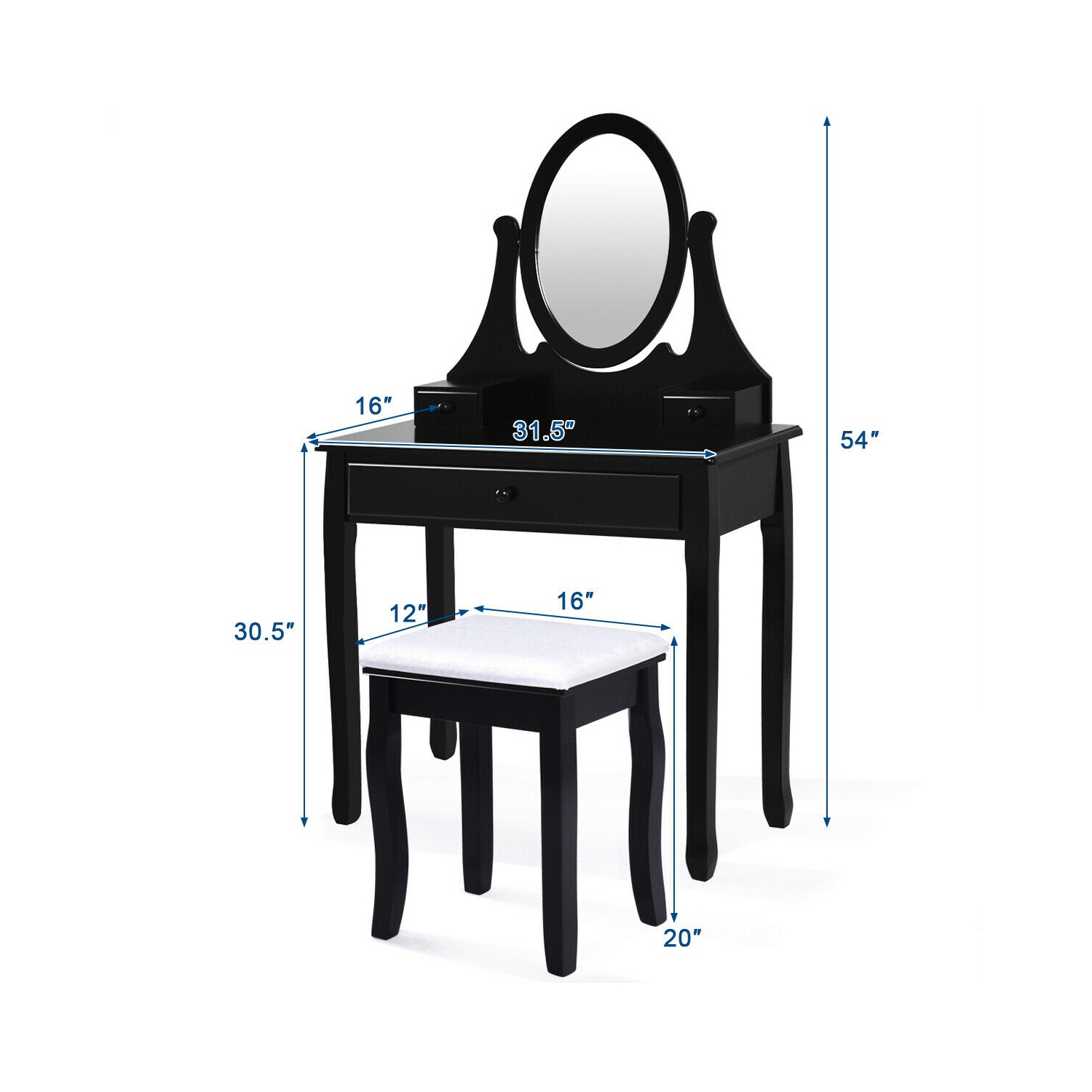 Gymax Bathroom Wooden Mirrored Makeup Vanity Set Stool Table Set Black