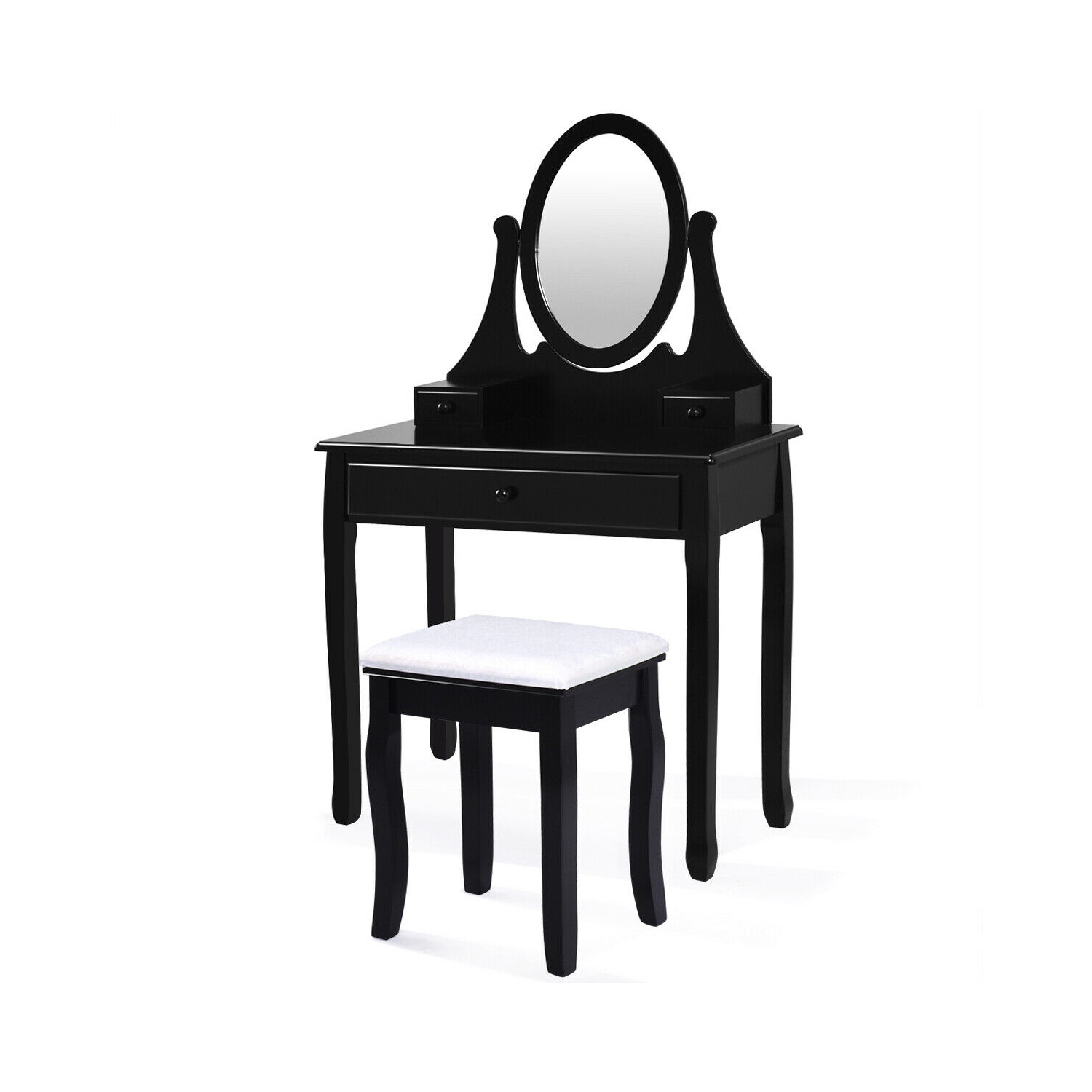 Gymax Bathroom Wooden Mirrored Makeup Vanity Set Stool Table Set Black