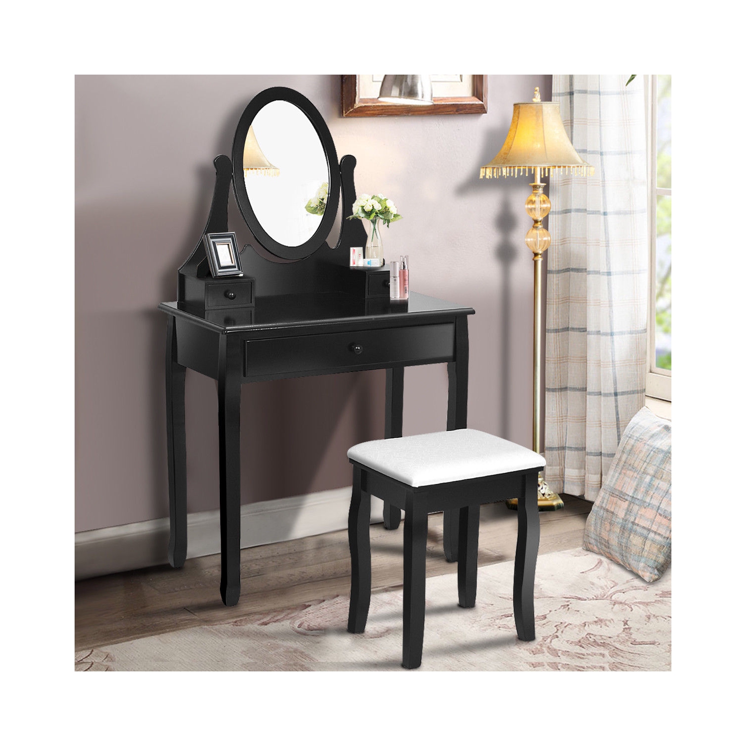 Gymax Bathroom Wooden Mirrored Makeup Vanity Set Stool Table Set Black