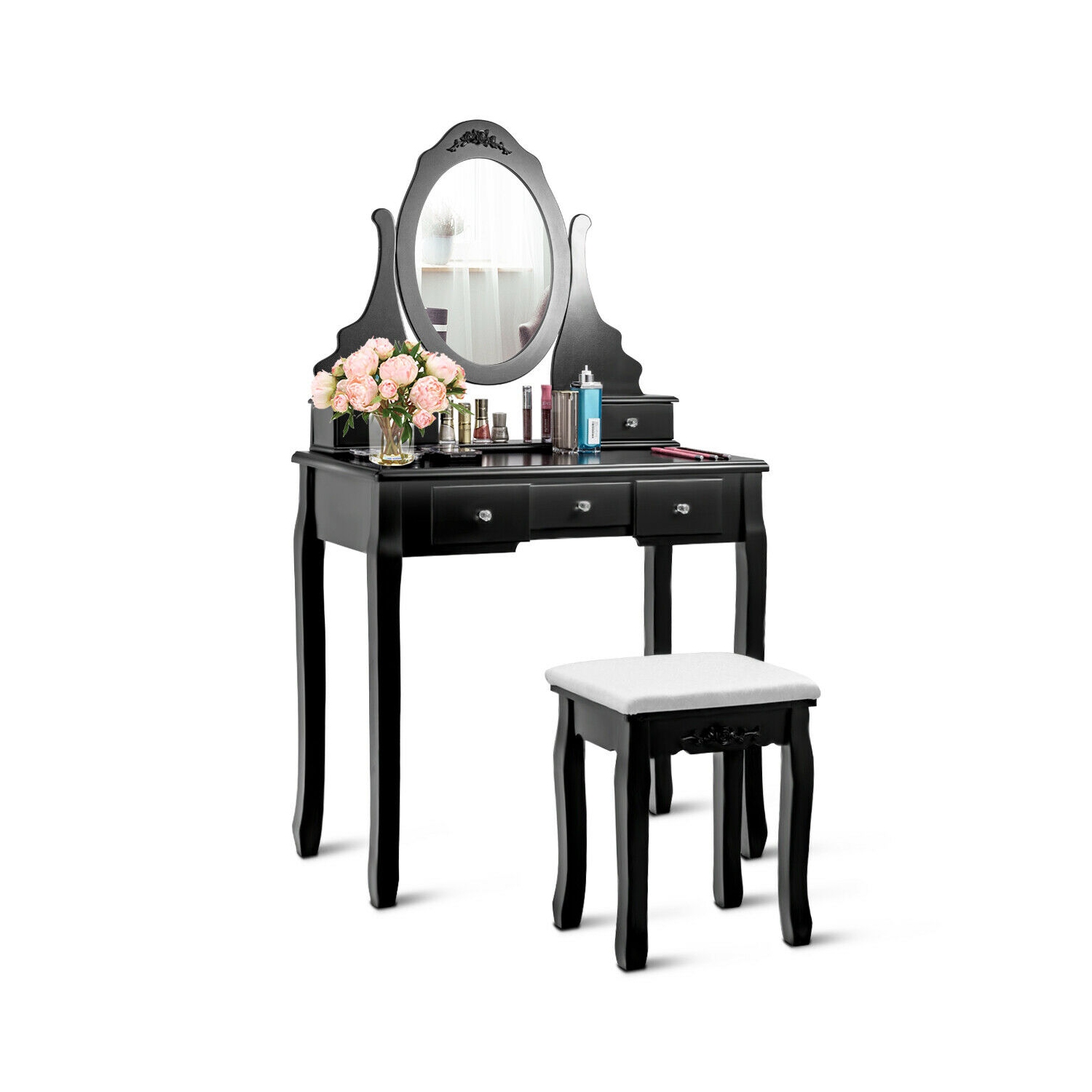 Gymax Vanity Jewelry Wooden Makeup Dressing Table Set W/Stool Mirror & 5 Drawers Black