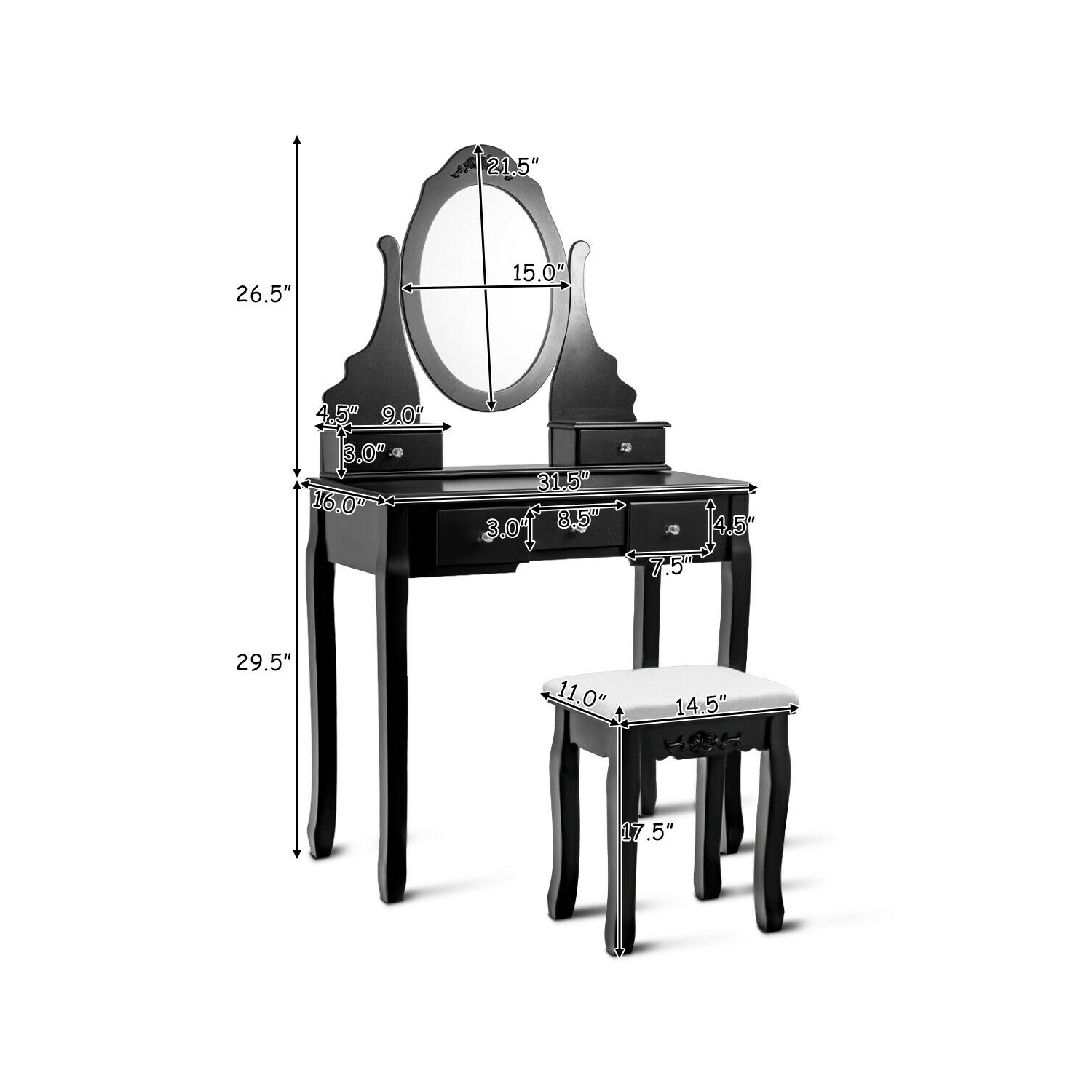 Gymax Vanity Jewelry Wooden Makeup Dressing Table Set W/Stool Mirror & 5 Drawers Black