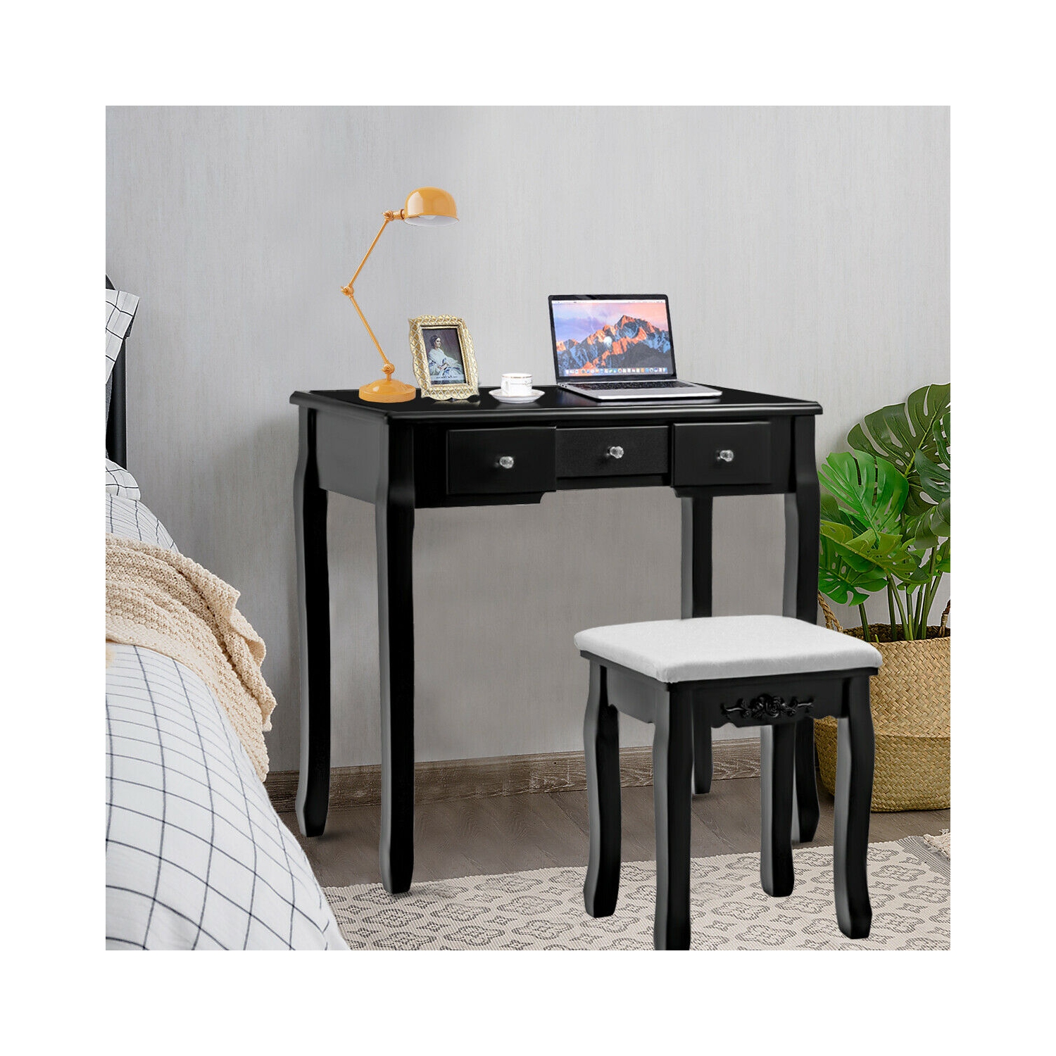 Gymax Vanity Jewelry Wooden Makeup Dressing Table Set W/Stool Mirror & 5 Drawers Black