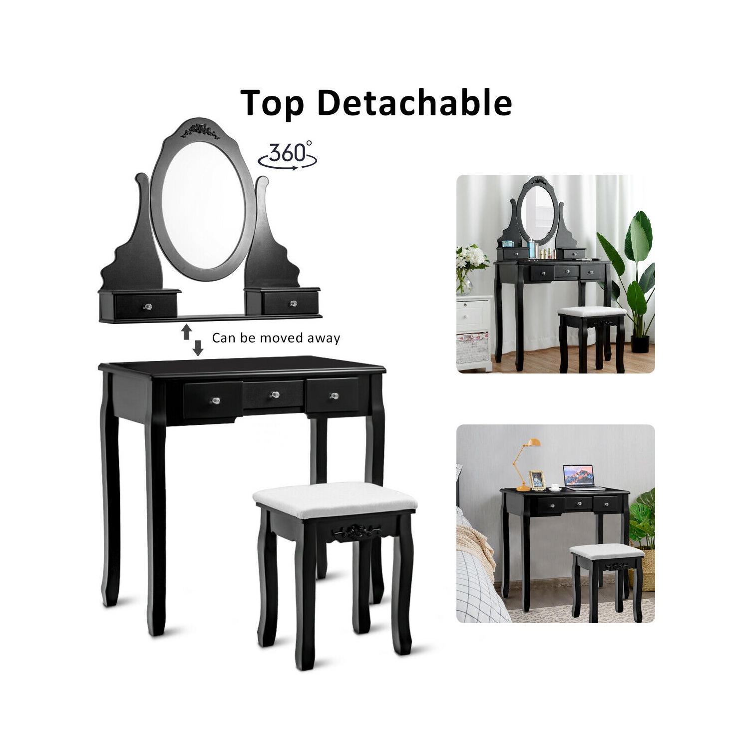 Gymax Vanity Jewelry Wooden Makeup Dressing Table Set W/Stool Mirror & 5 Drawers Black