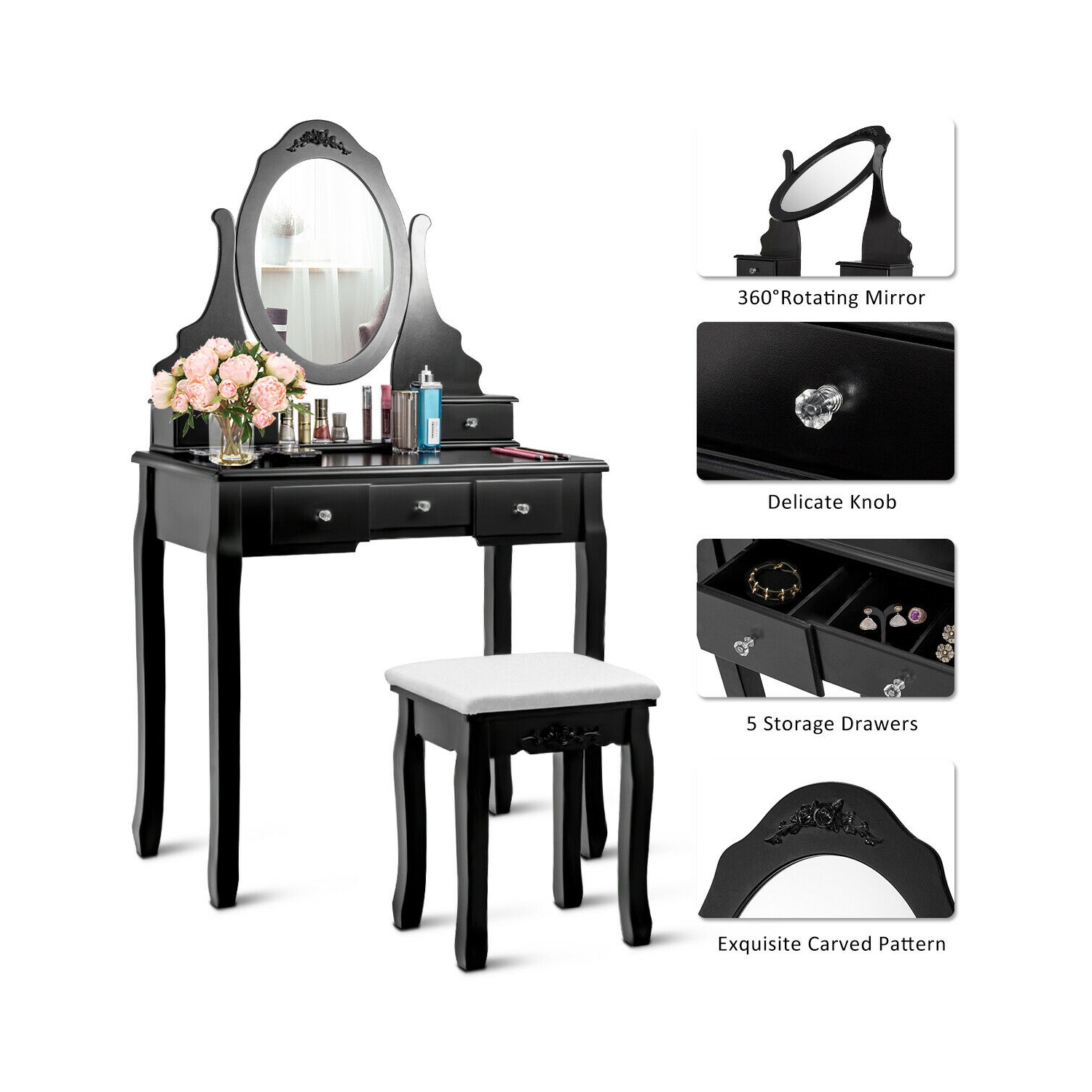 Gymax Vanity Jewelry Wooden Makeup Dressing Table Set W/Stool Mirror & 5 Drawers Black