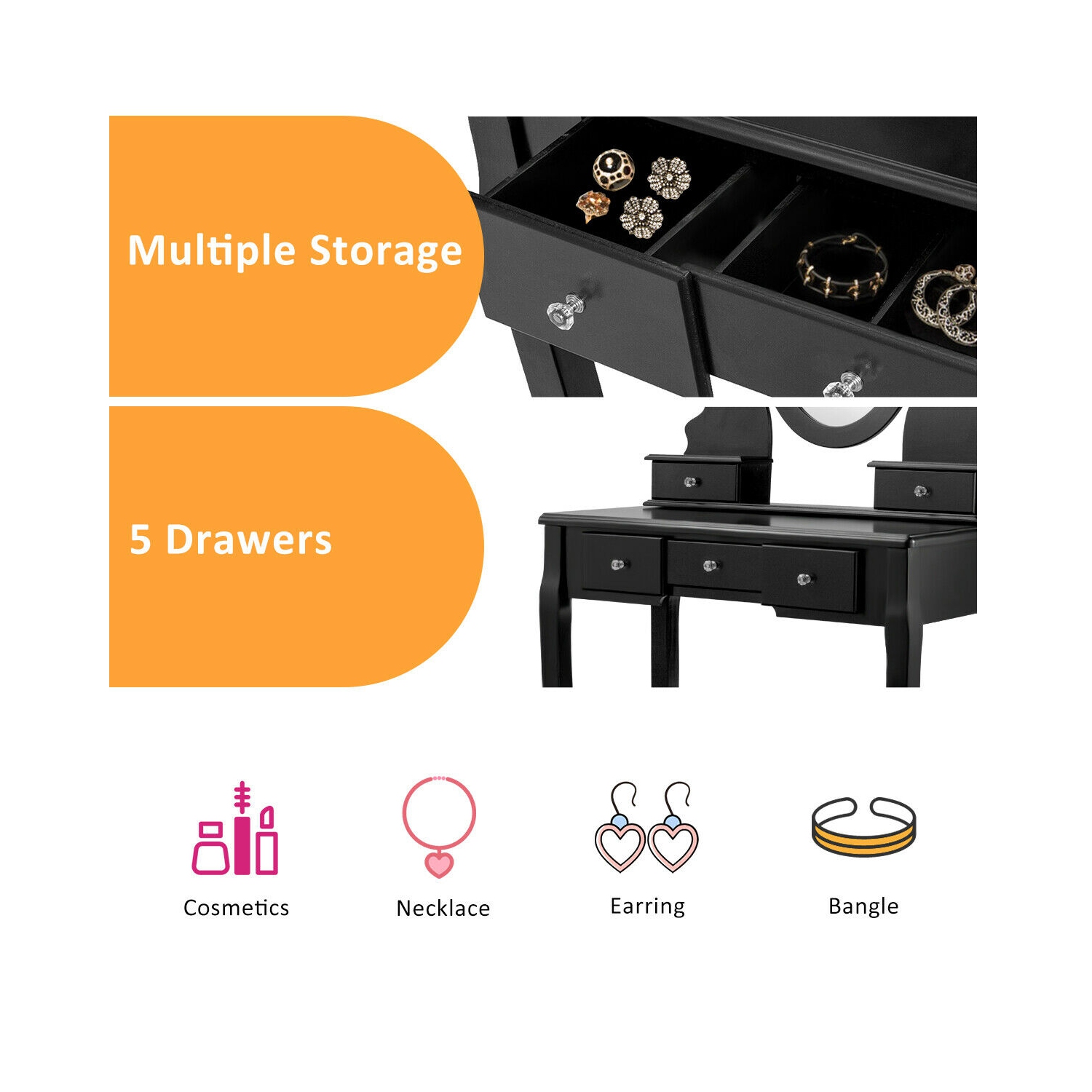 Gymax Vanity Jewelry Wooden Makeup Dressing Table Set W/Stool Mirror & 5 Drawers Black