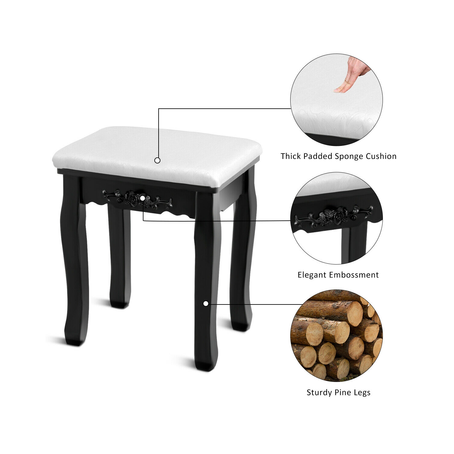 Gymax Vanity Jewelry Wooden Makeup Dressing Table Set W/Stool Mirror & 5 Drawers Black