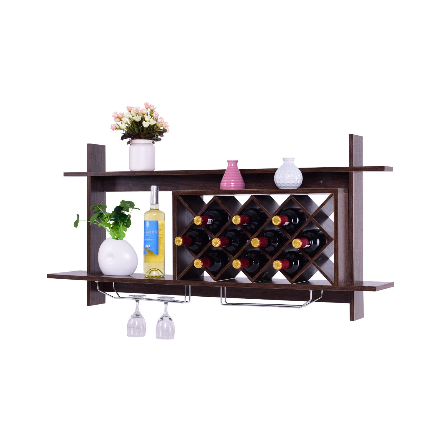 Gymax Wall Mount Wine Rack Organizer With Glass Holder & Storage Shelf Home Decor