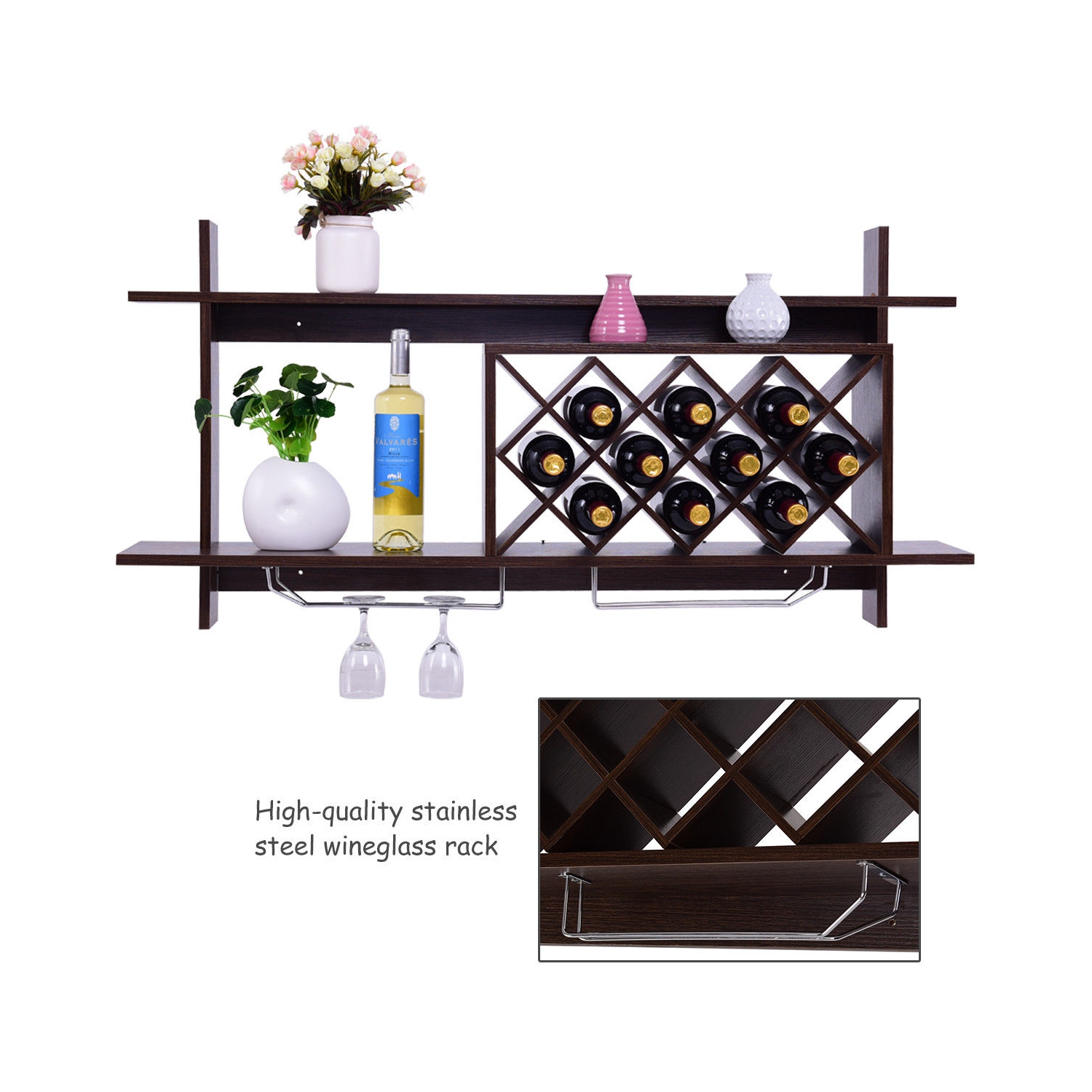 Gymax Wall Mount Wine Rack Organizer With Glass Holder & Storage Shelf Home Decor