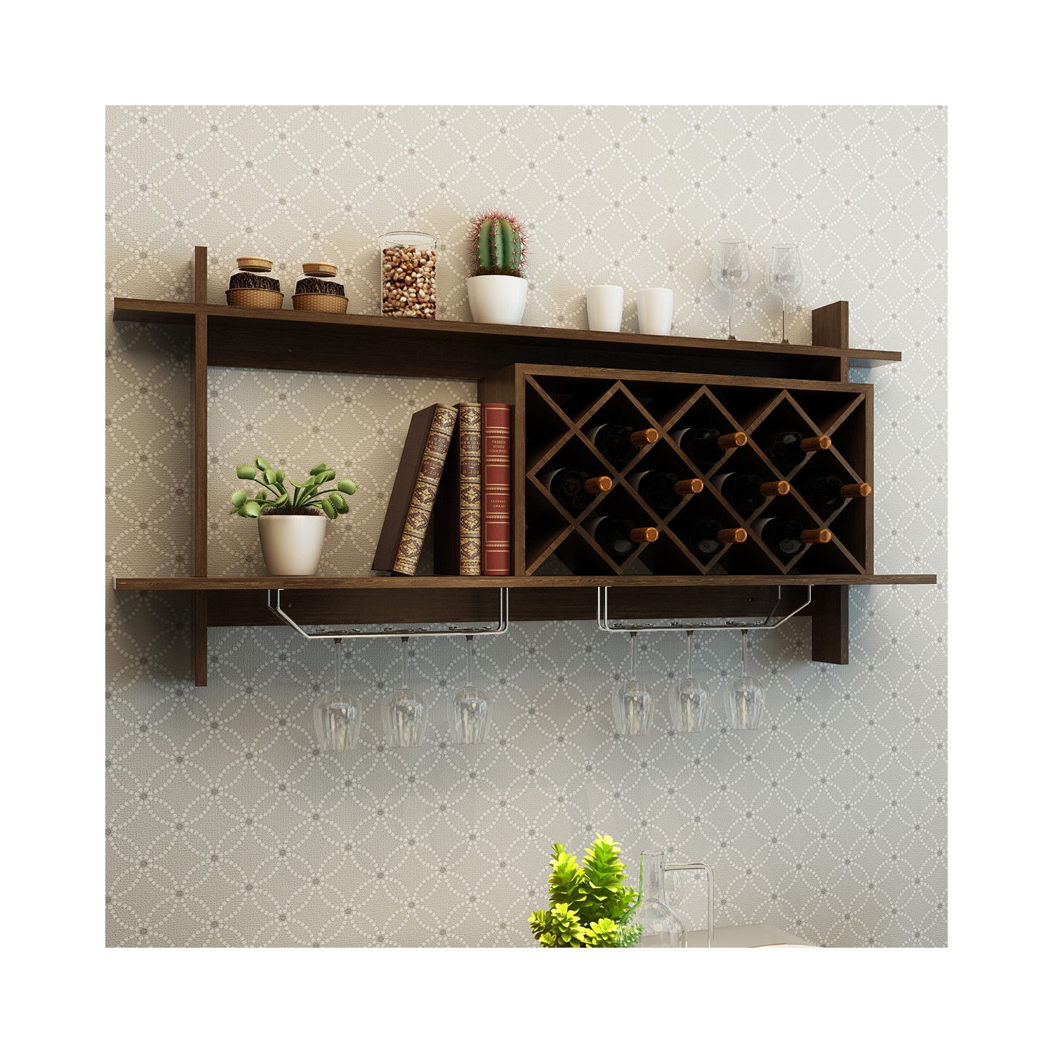 Gymax Wall Mount Wine Rack Organizer With Glass Holder & Storage Shelf Home Decor