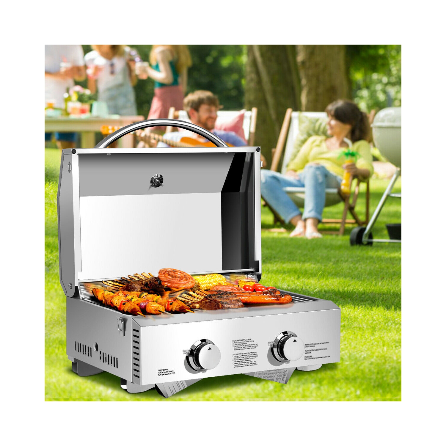 Gymax 2 Burner Portable BBQ Table Top Propane Gas Grill Stainless Steel