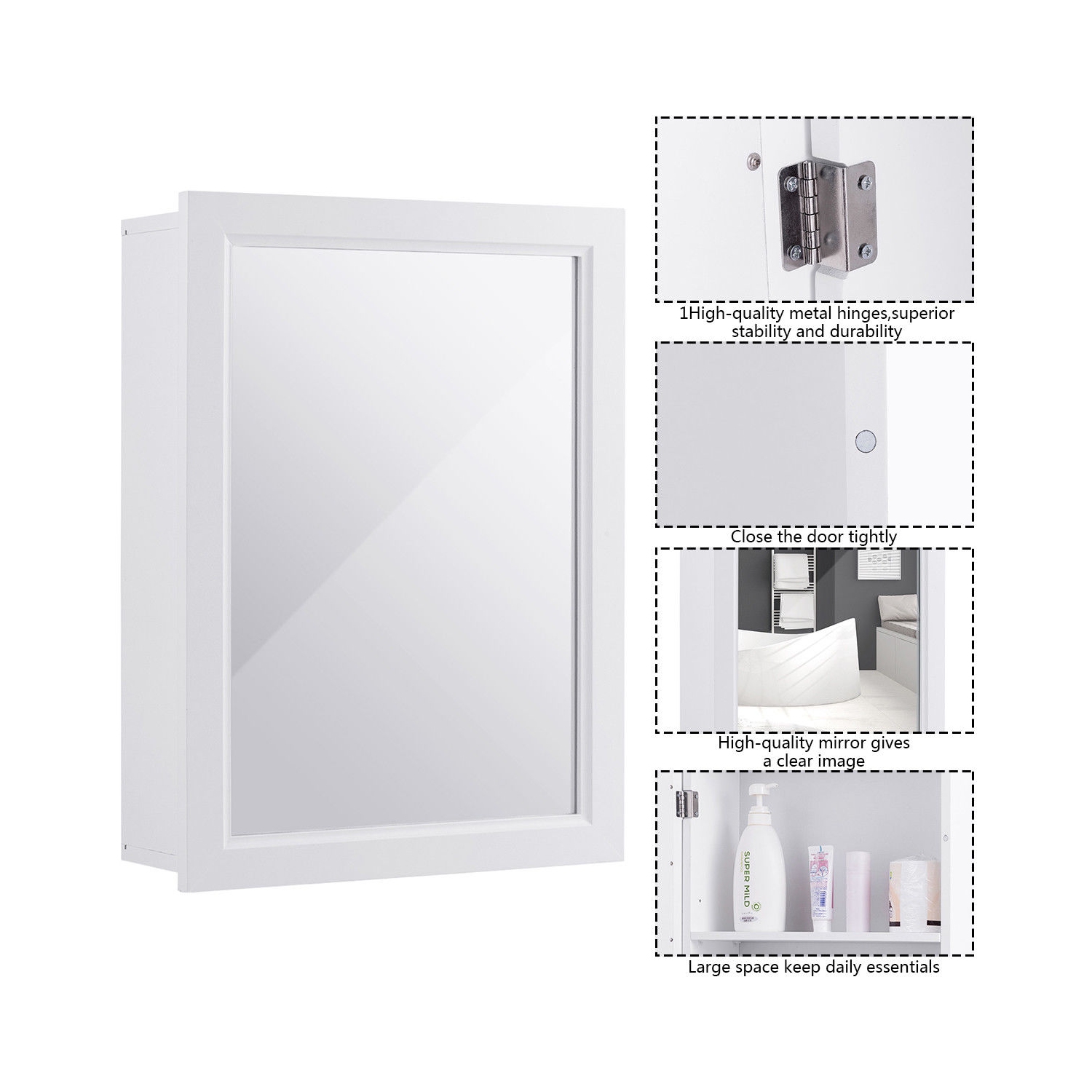 Gymax Bathroom Mirror Cabinet Wall Mounted Kitchen Medicine Storage Adjustable Shelf