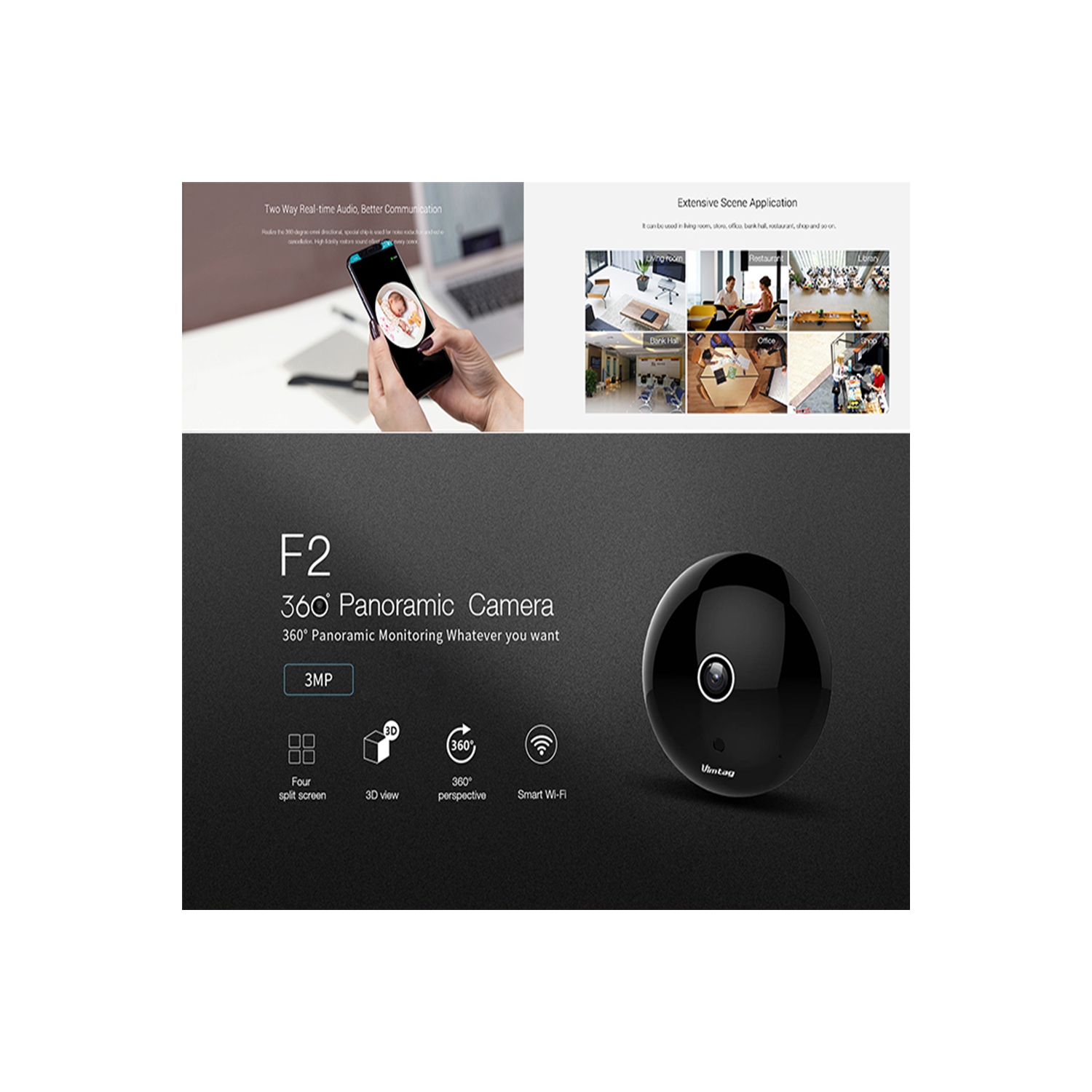 Vimtag F2 360 Degree Wireless Panoramic 3MP Smart Cloud IP Camera, night vision camera with motion detection