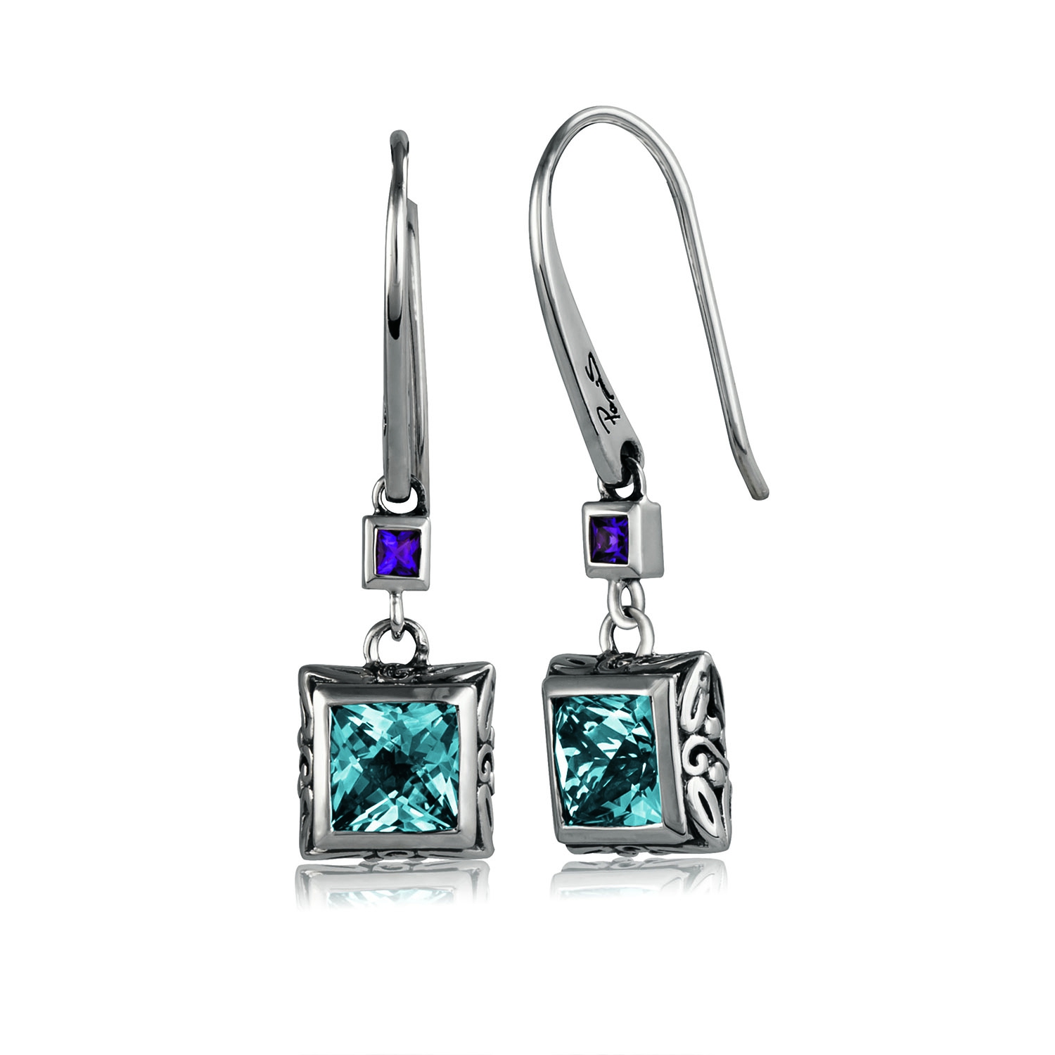 Sterling Silver Panos K Designs Scroll Earrings C/W Cubic Amethyst /Cubic Blue Topaz