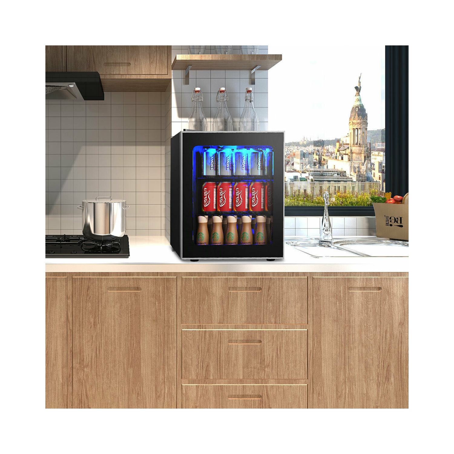 Gymax 60 Can Beverage Refrigerator Beer Wine Soda Drink Cooler Mini Fridge Glass Door