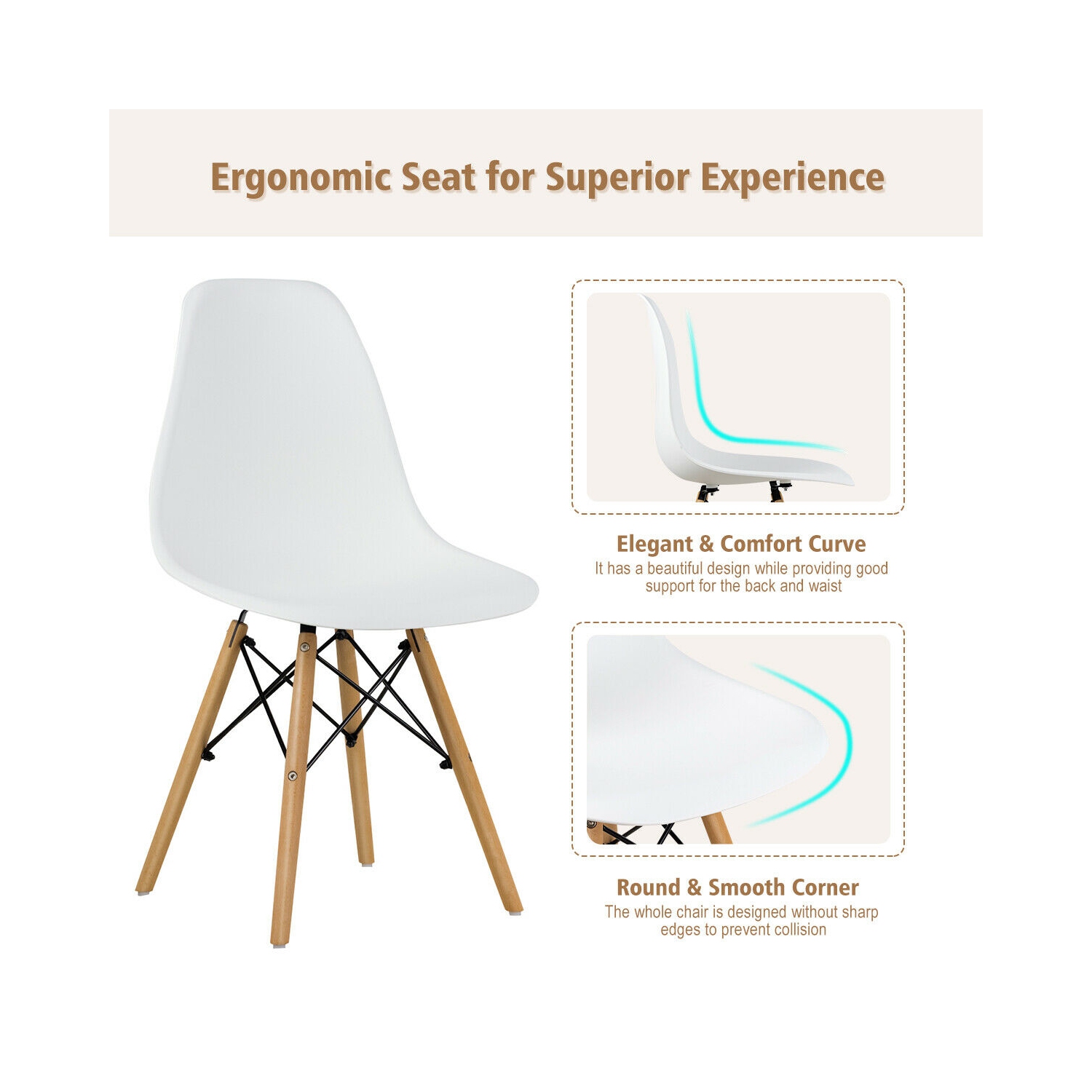 Gymax Set of 4 Modern Dining Side Chair Armless Home Office w/ Wood Legs White