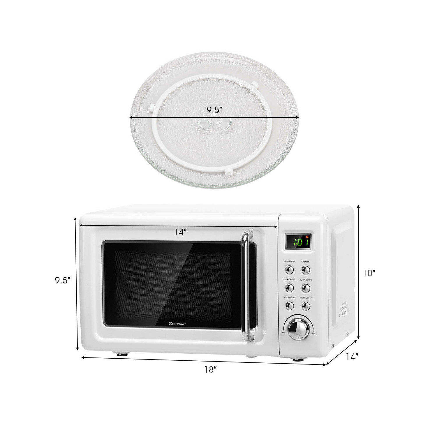 Costway 0.7Cu.ft Retro Countertop Microwave Oven - 700W LED Display - Glass Turntable - White