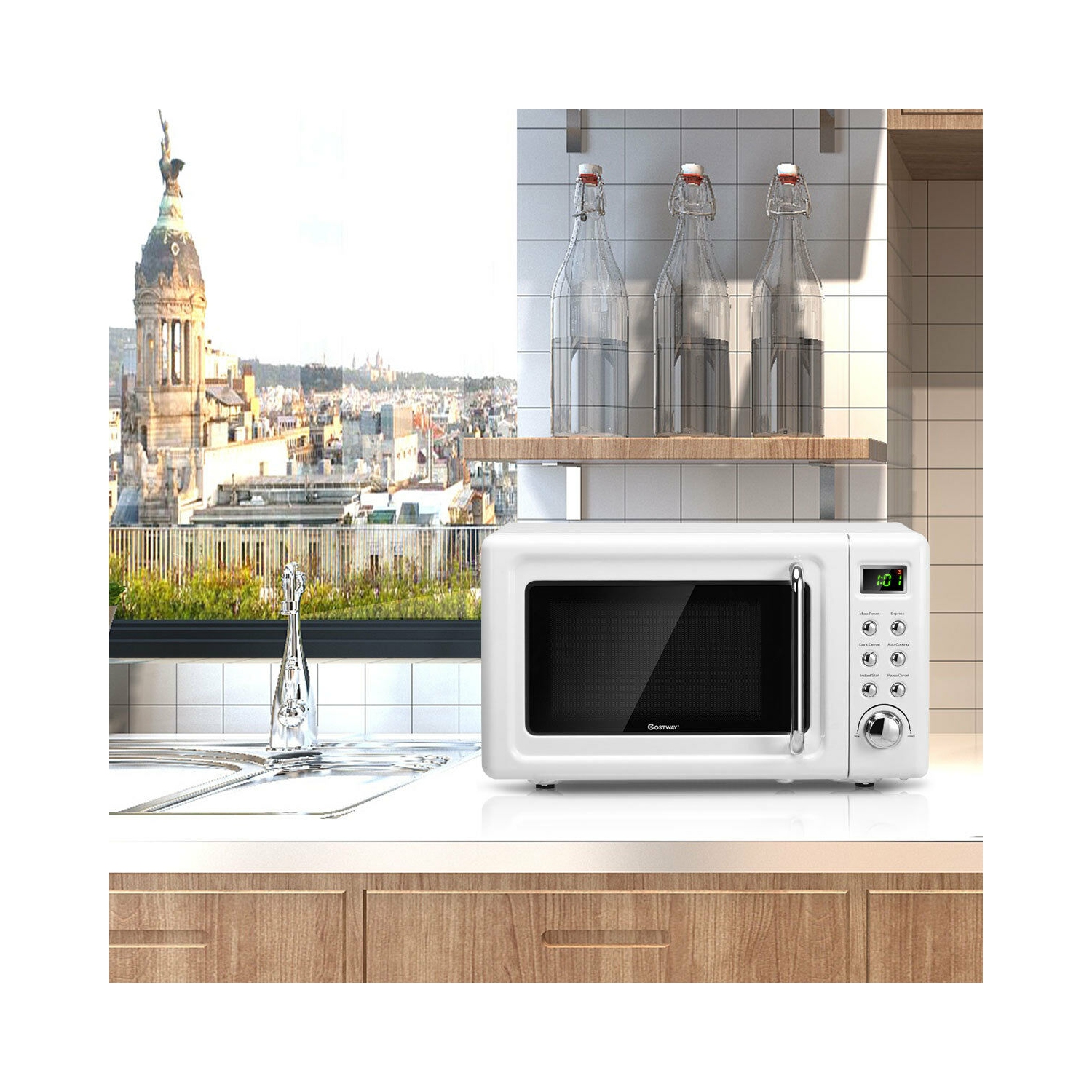 Costway 0.7Cu.ft Retro Countertop Microwave Oven - 700W LED Display - Glass Turntable - White