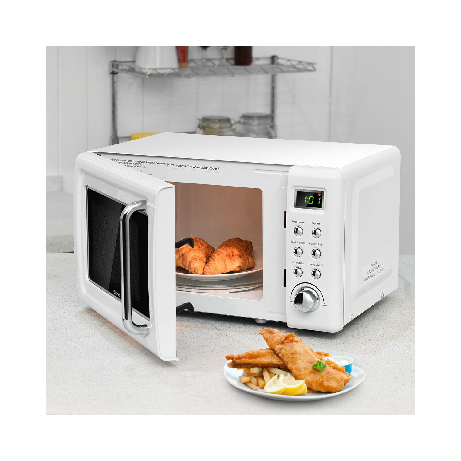 Costway 0.7Cu.ft Retro Countertop Microwave Oven - 700W LED Display - Glass Turntable - White